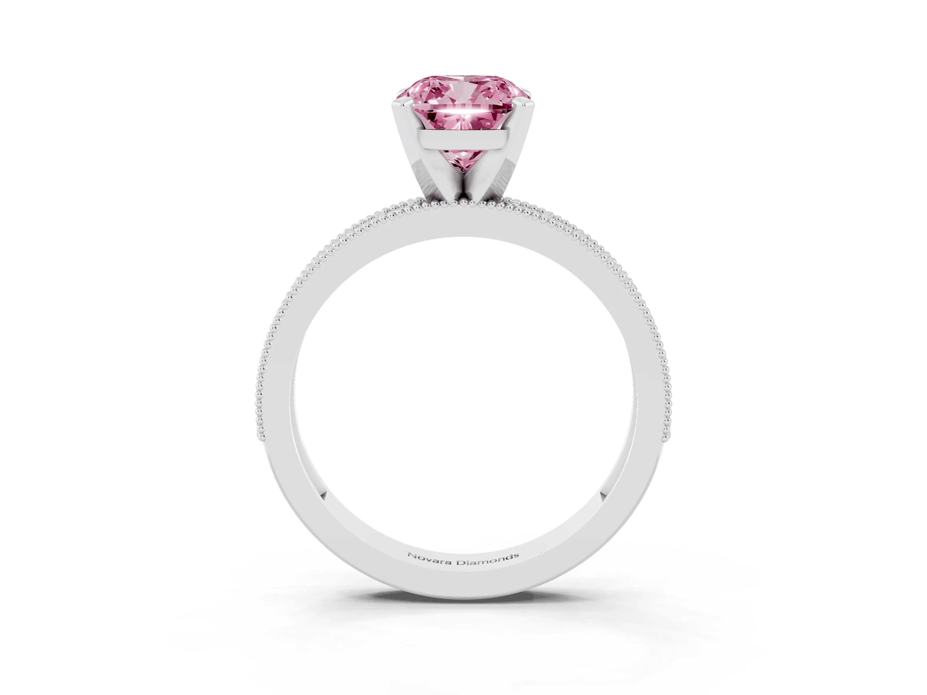 Fancy Pink Cushion Cut Diamond Milgrain Pavé Engagement Ring Set in Platinum with Prong Setting