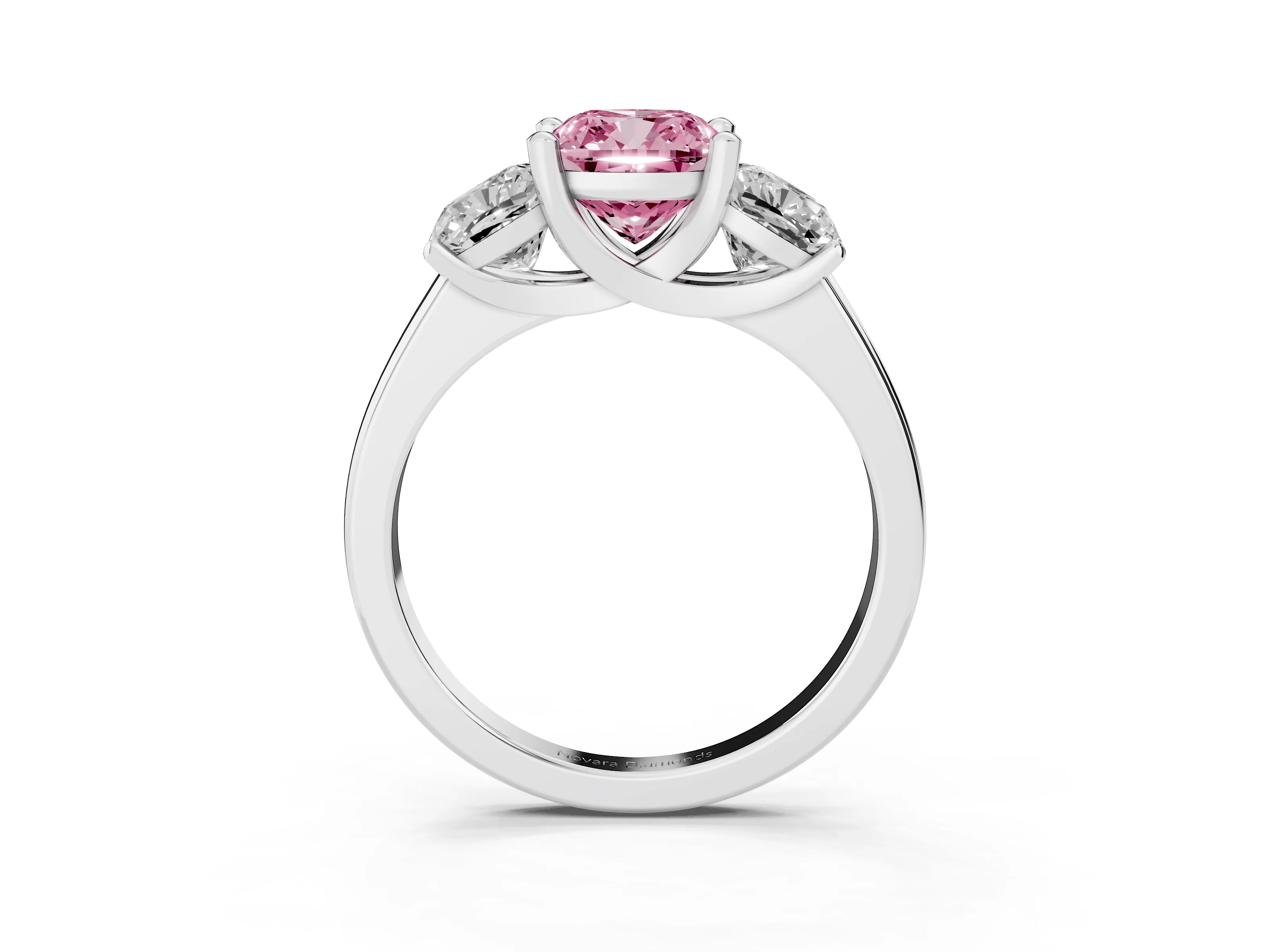 Fancy Pink Cushion Cut Diamond Three-Stone Ring Set in White gold with Classic Prong Setting and Plain Band