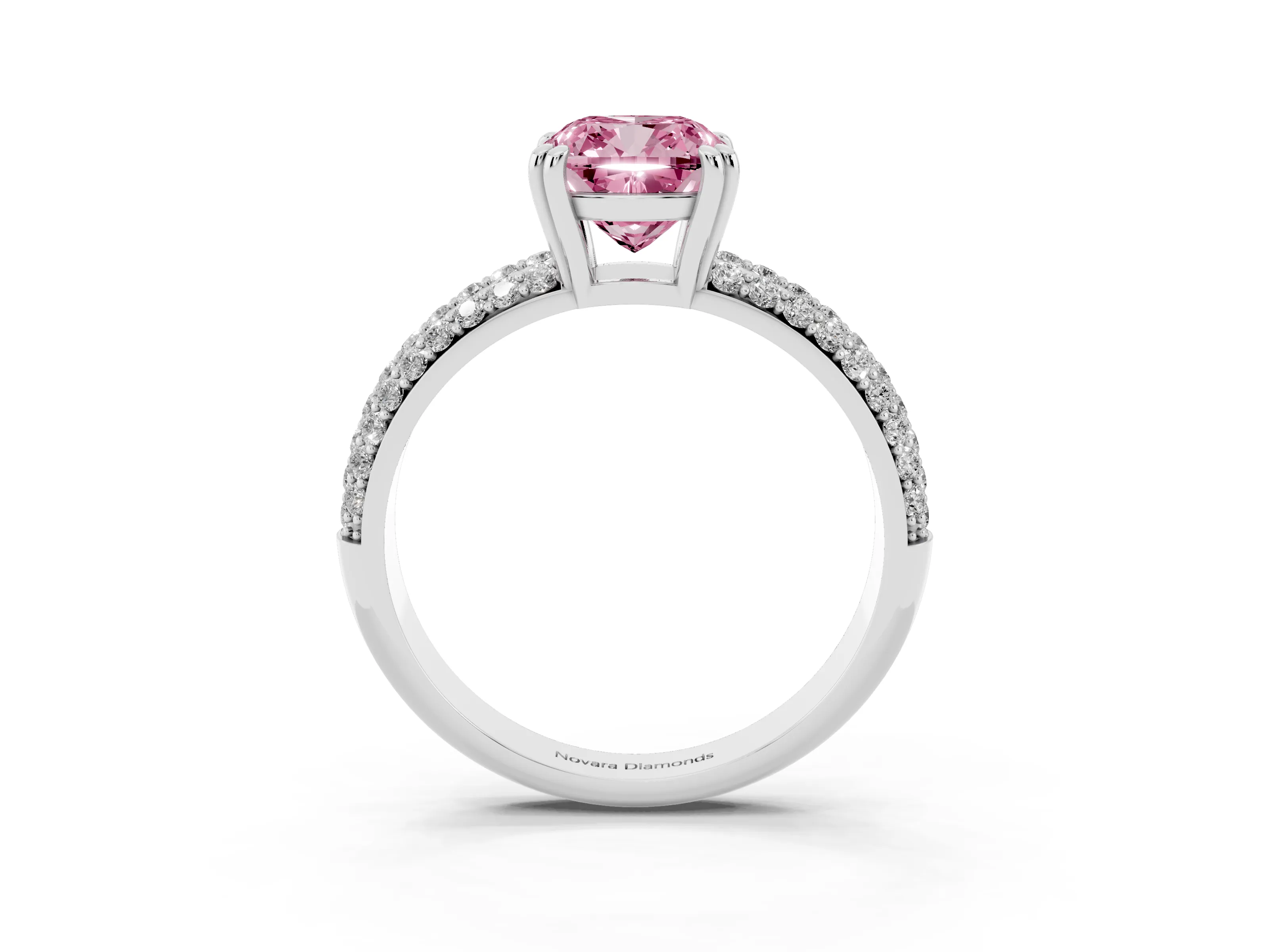 Fancy Pink Cushion Cut Diamond Solitaire Ring Set in Platinum with Multi-Row Round Pavé Band and Prong Setting