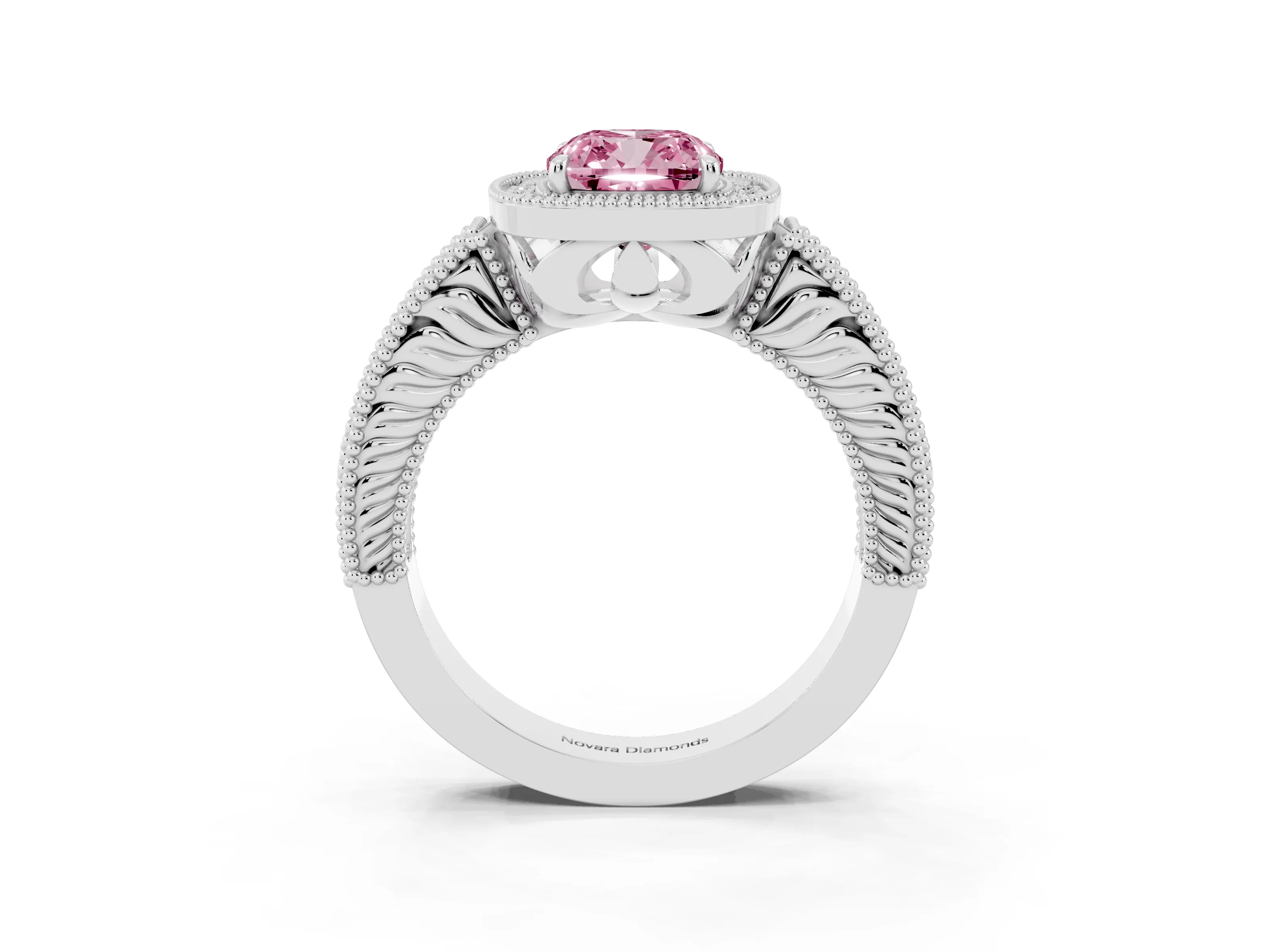 Fancy Pink Cushion Cut Diamond Halo Ring Set in Platinum with Round Accent Halo, Pavé Band and Prong Setting