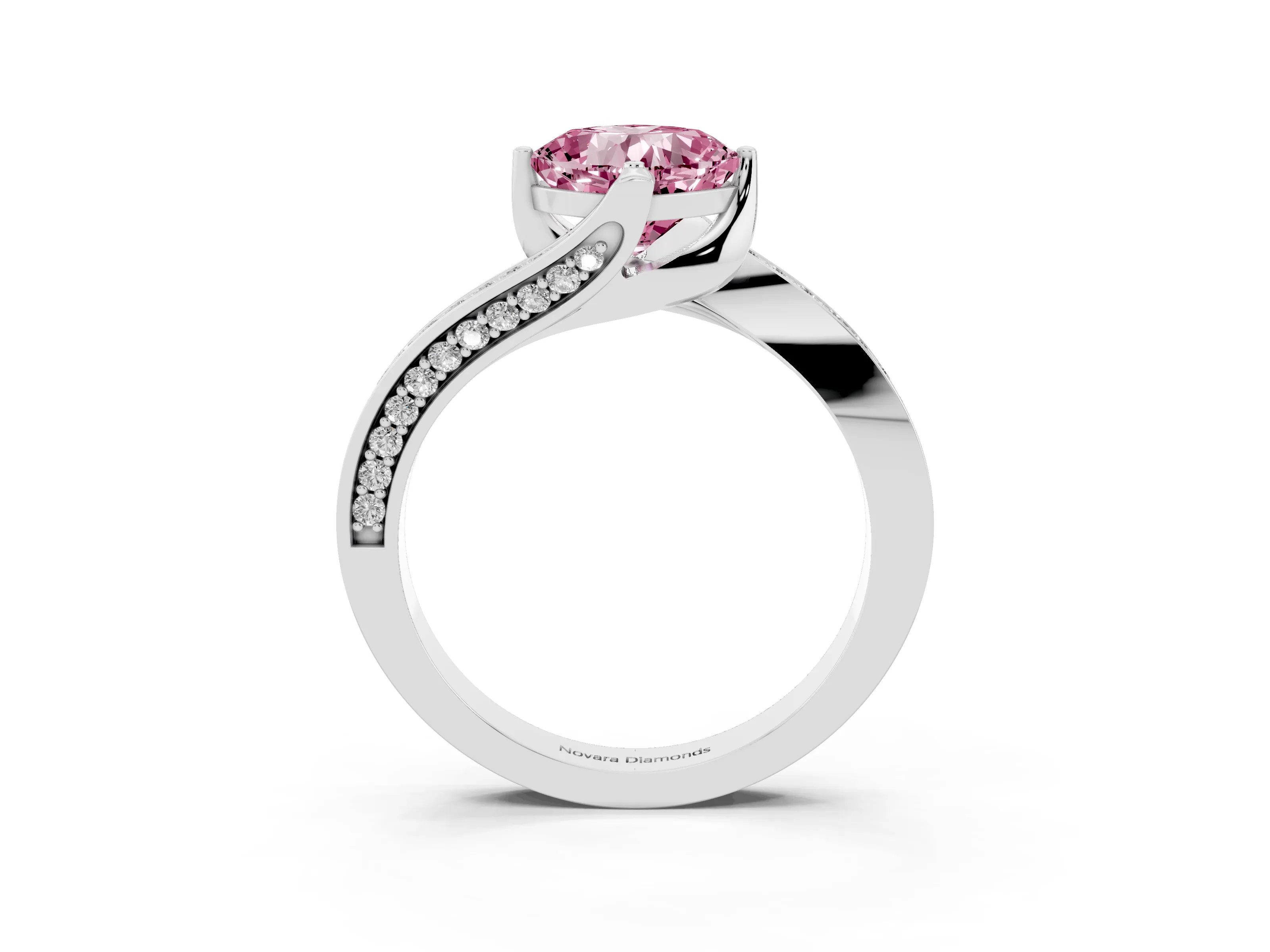 Fancy Pink Cushion Cut Diamond Solitaire Ring Set in Silver with Intertwined Pavé Twist Band