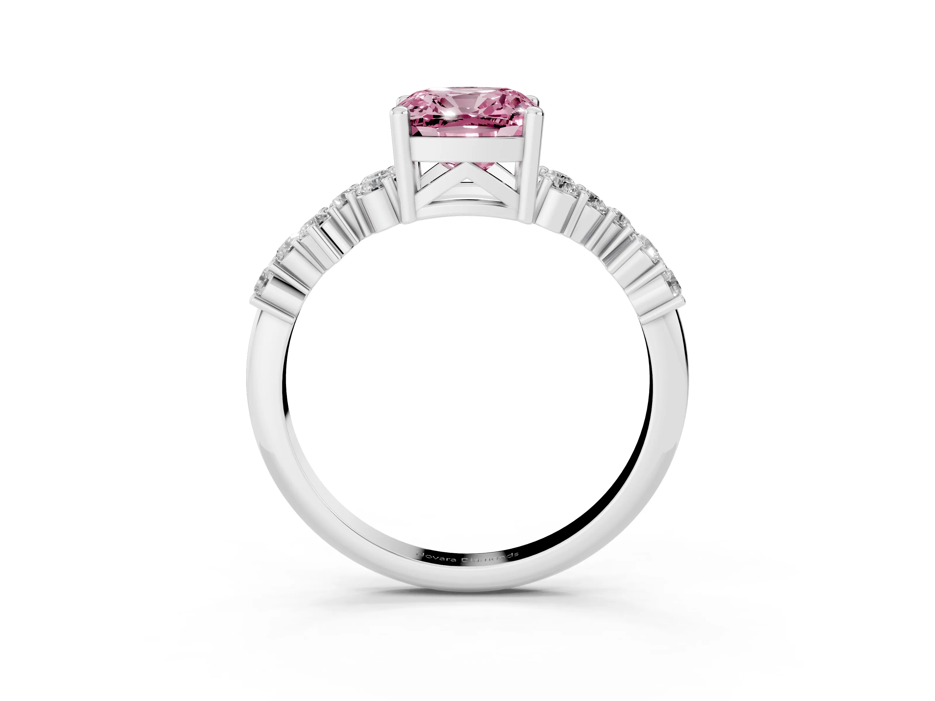 Fancy Pink Cushion Cut Diamond Ring Set in White gold with Scattered Round Accents