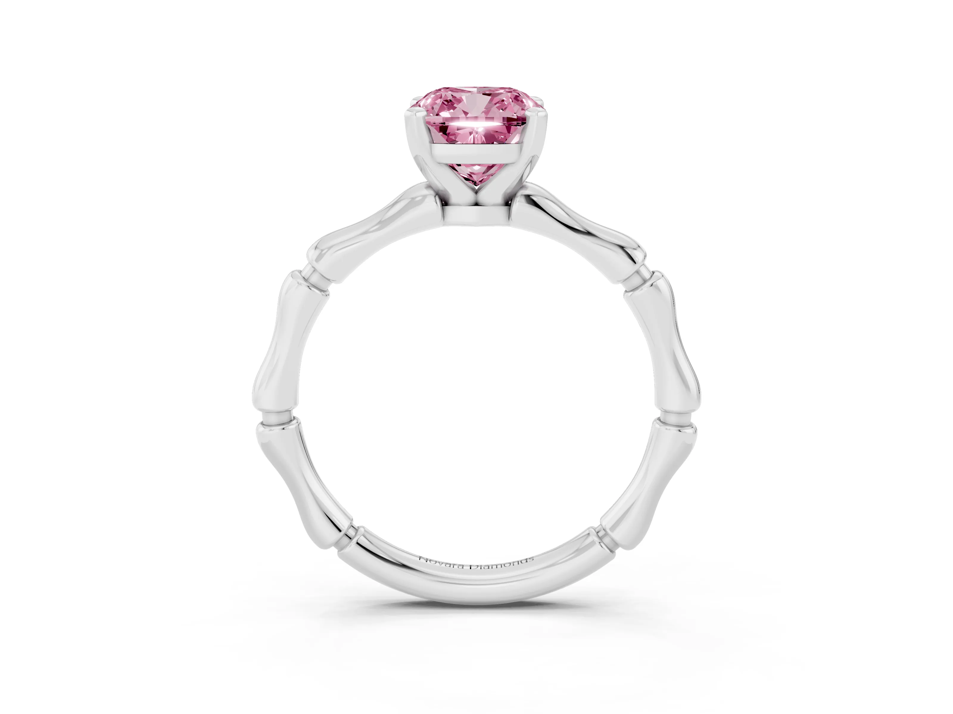 Fancy Pink Cushion Cut Diamond Solitaire Ring Set in Silver with Bamboo Band and Prong Setting