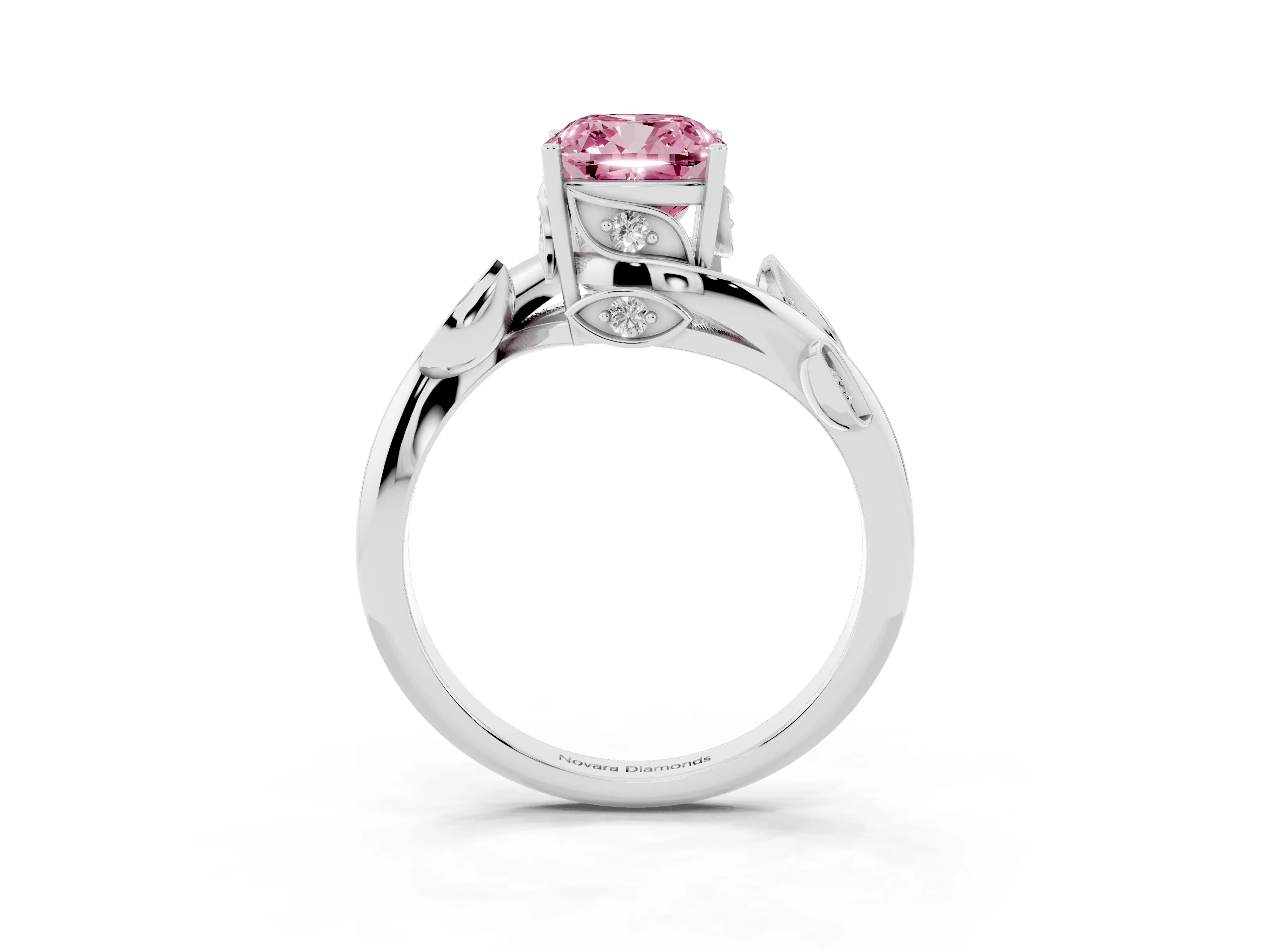 Fancy Pink Cushion Cut Diamond Solitaire Twist Engagement Ring Set in Platinum with Pavé Leaf Accents