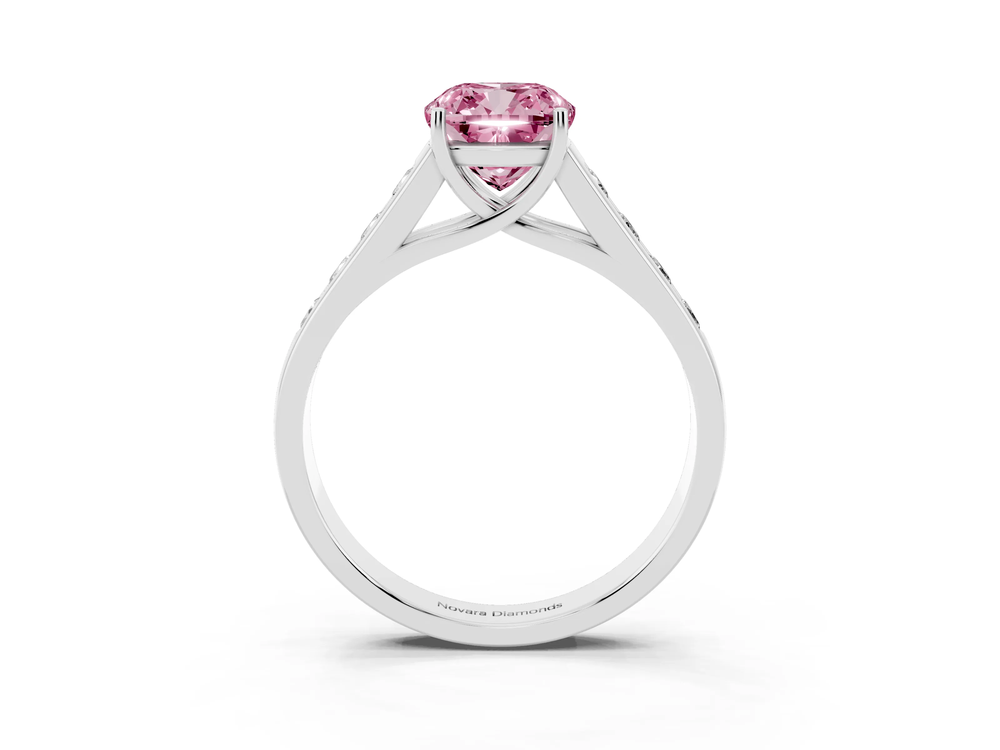 Fancy Pink Cushion Cut Diamond Brilliant Channel-Set Solitaire Ring Set in Platinum with Prong Setting