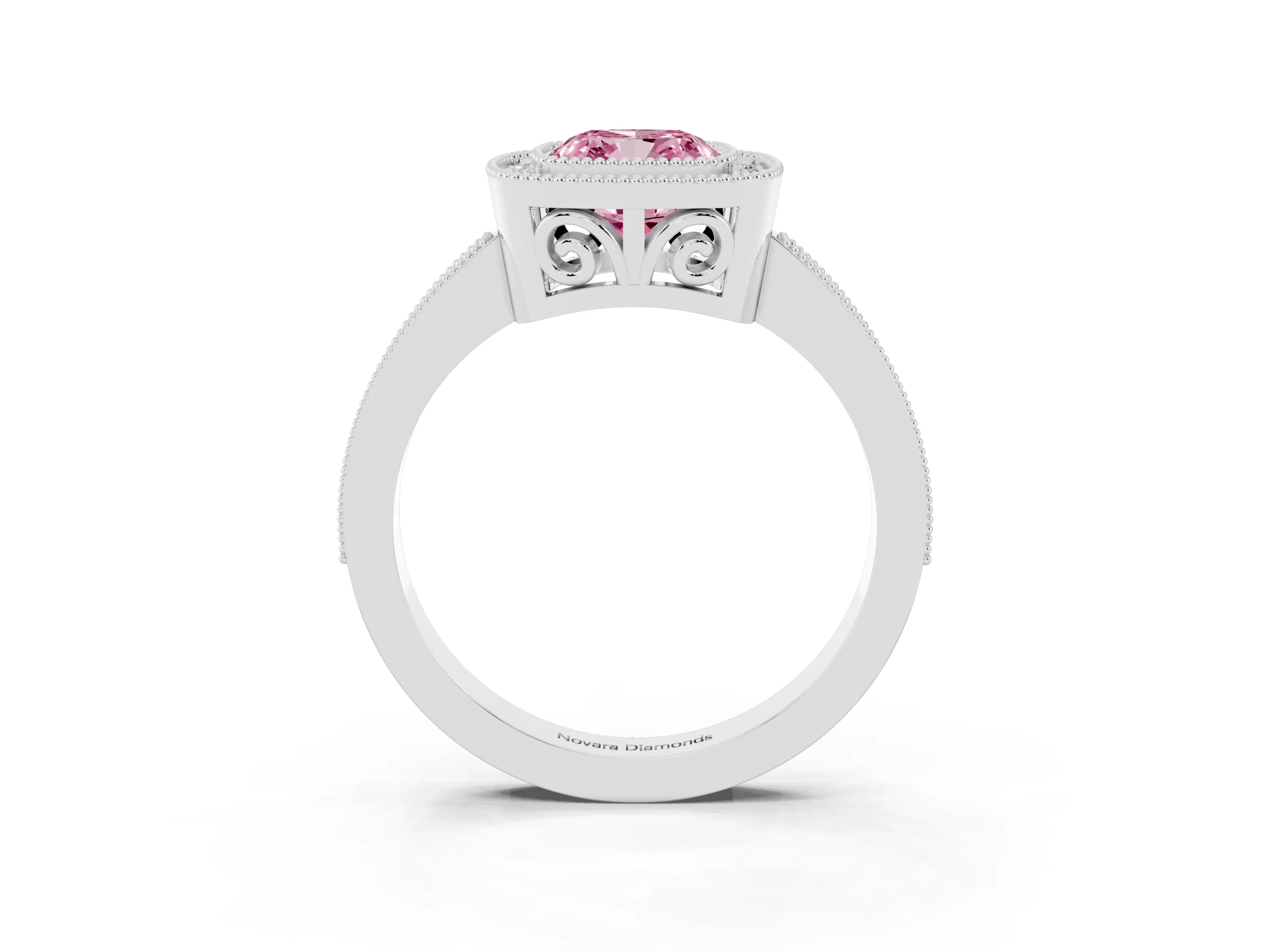 Fancy Pink Cushion Cut Diamond Round Halo Ring Set in White gold with Pavé Band