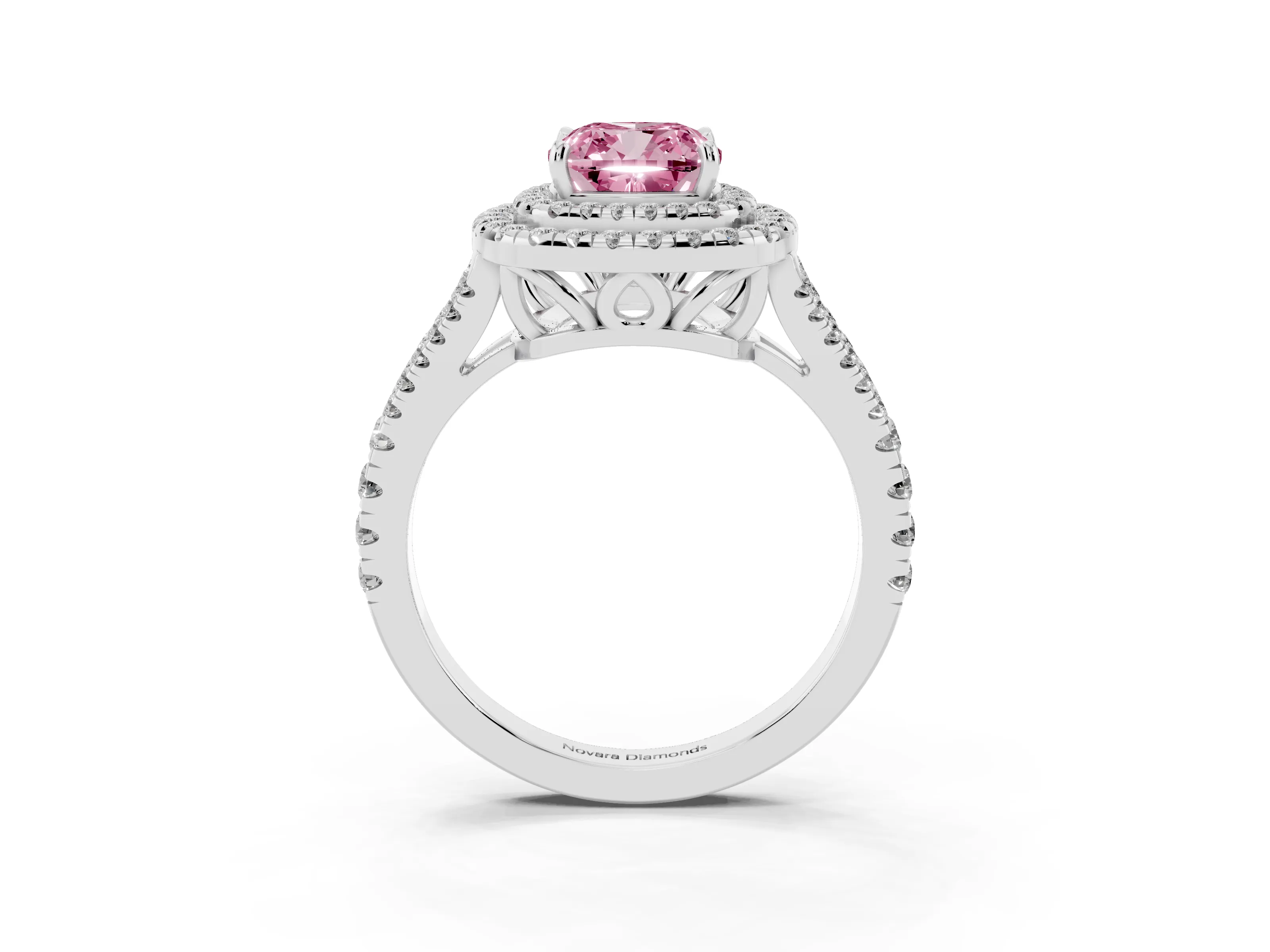 Fancy Pink Cushion Cut Diamond Double Halo Ring Set in Platinum with Pavé Band