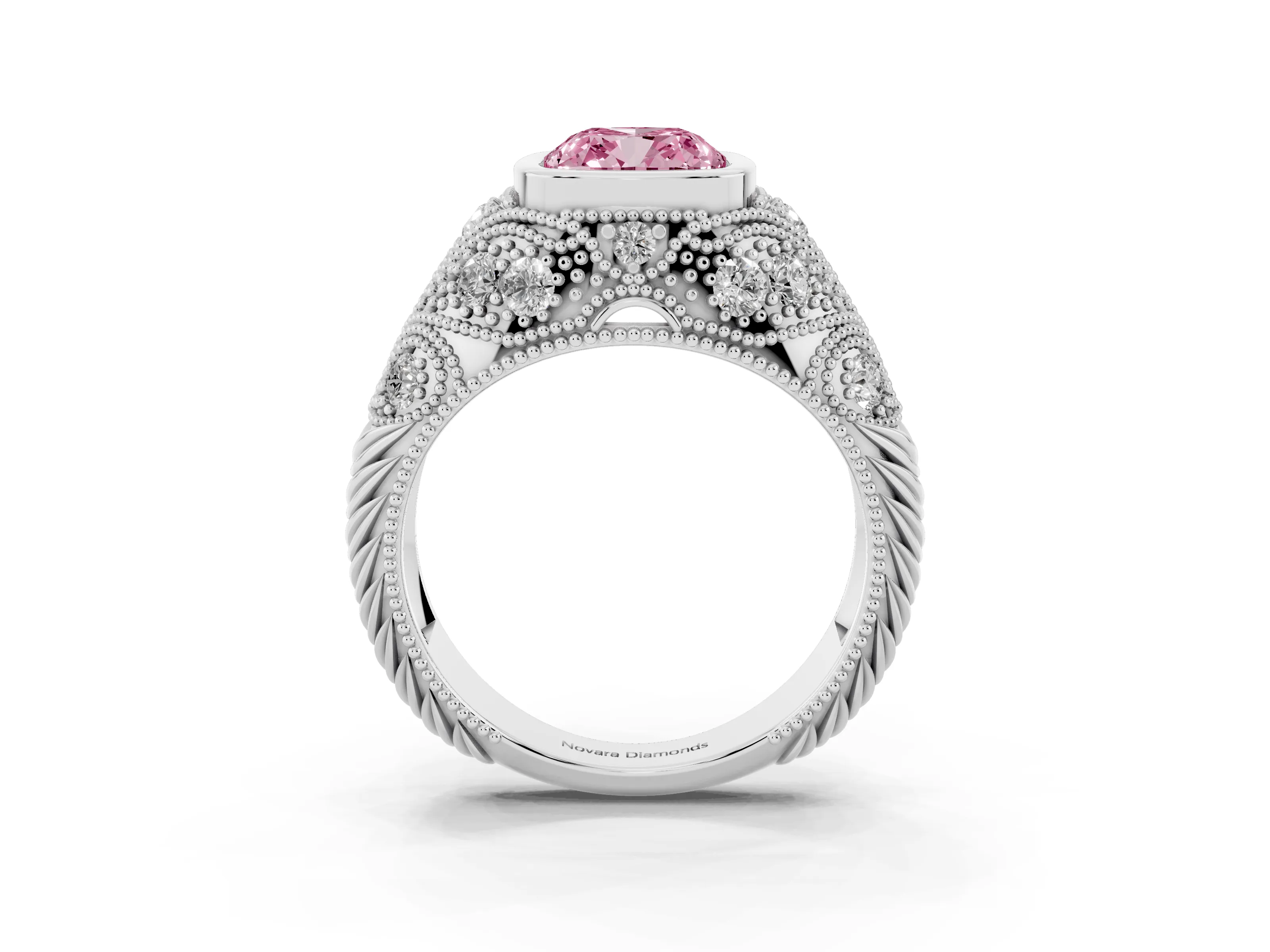 Fancy Pink Cushion Cut Diamond Bezel Ring Set in Silver with Milgrain Accent Band