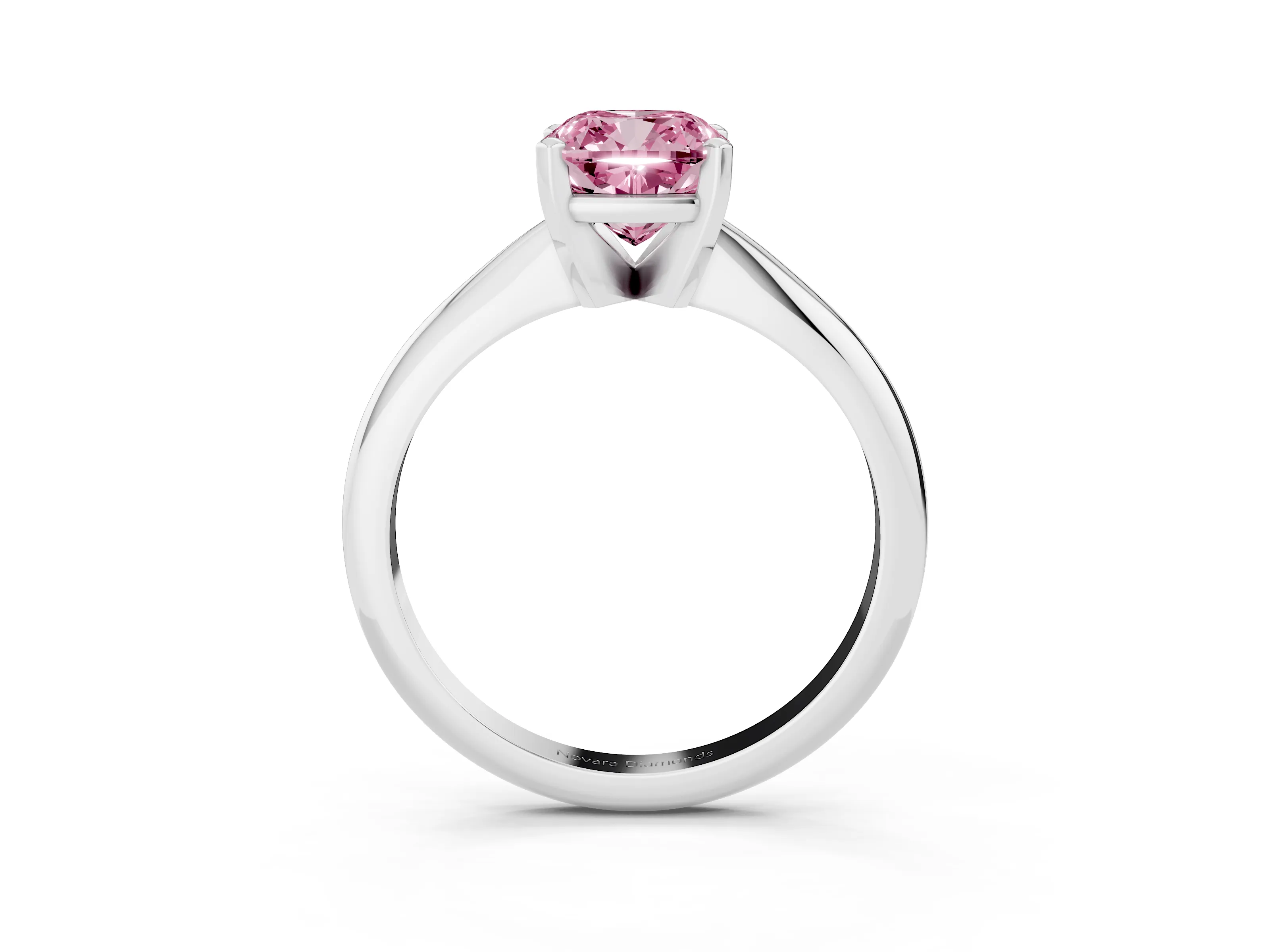 Fancy Pink Cushion Cut Diamond Solitaire Ring Set in Platinum with Prong Setting on a Plain Round Band