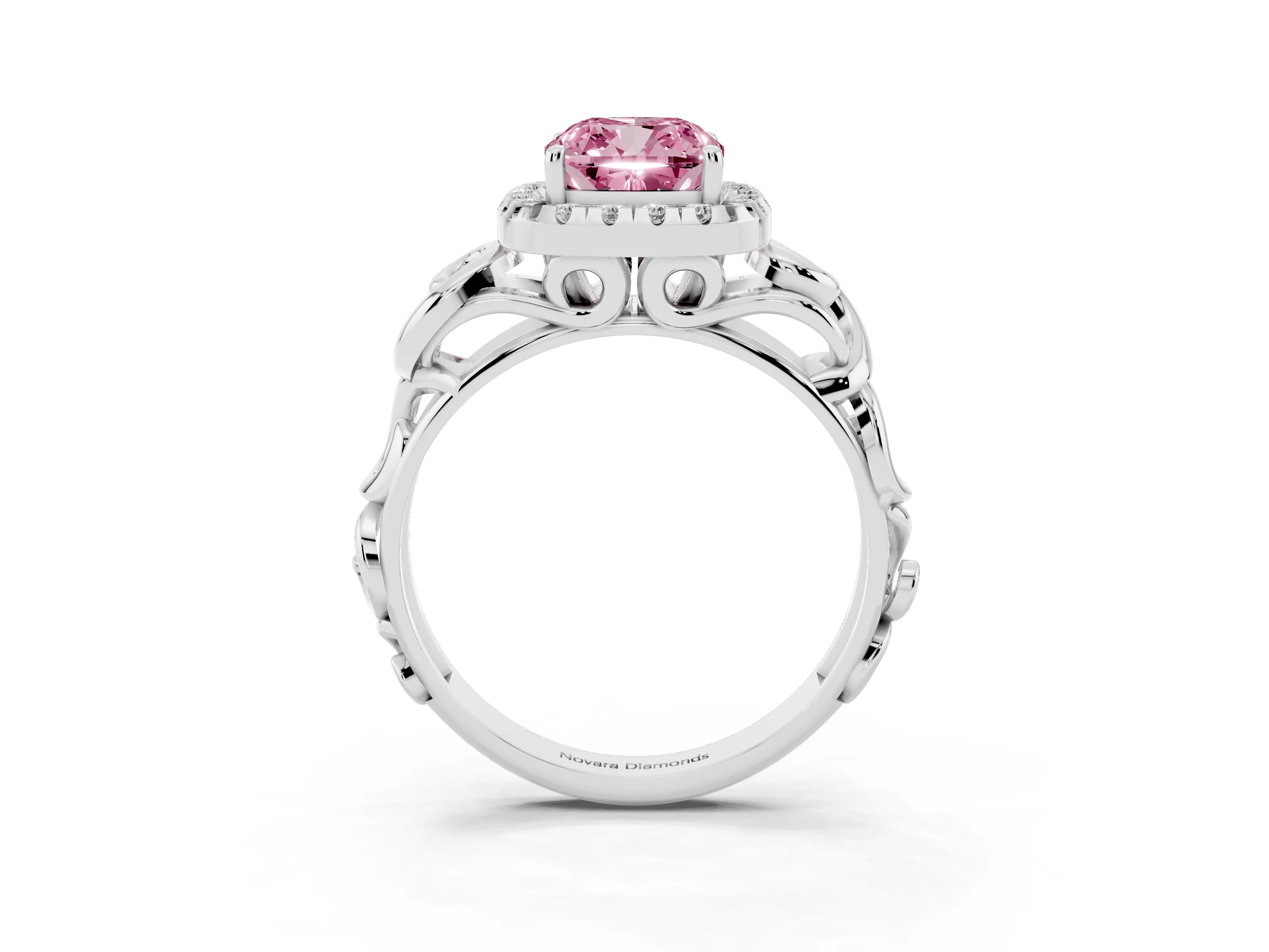 Fancy Pink Cushion Cut Diamond Halo Ring Set in Platinum with Scrollwork Band and Prong Setting