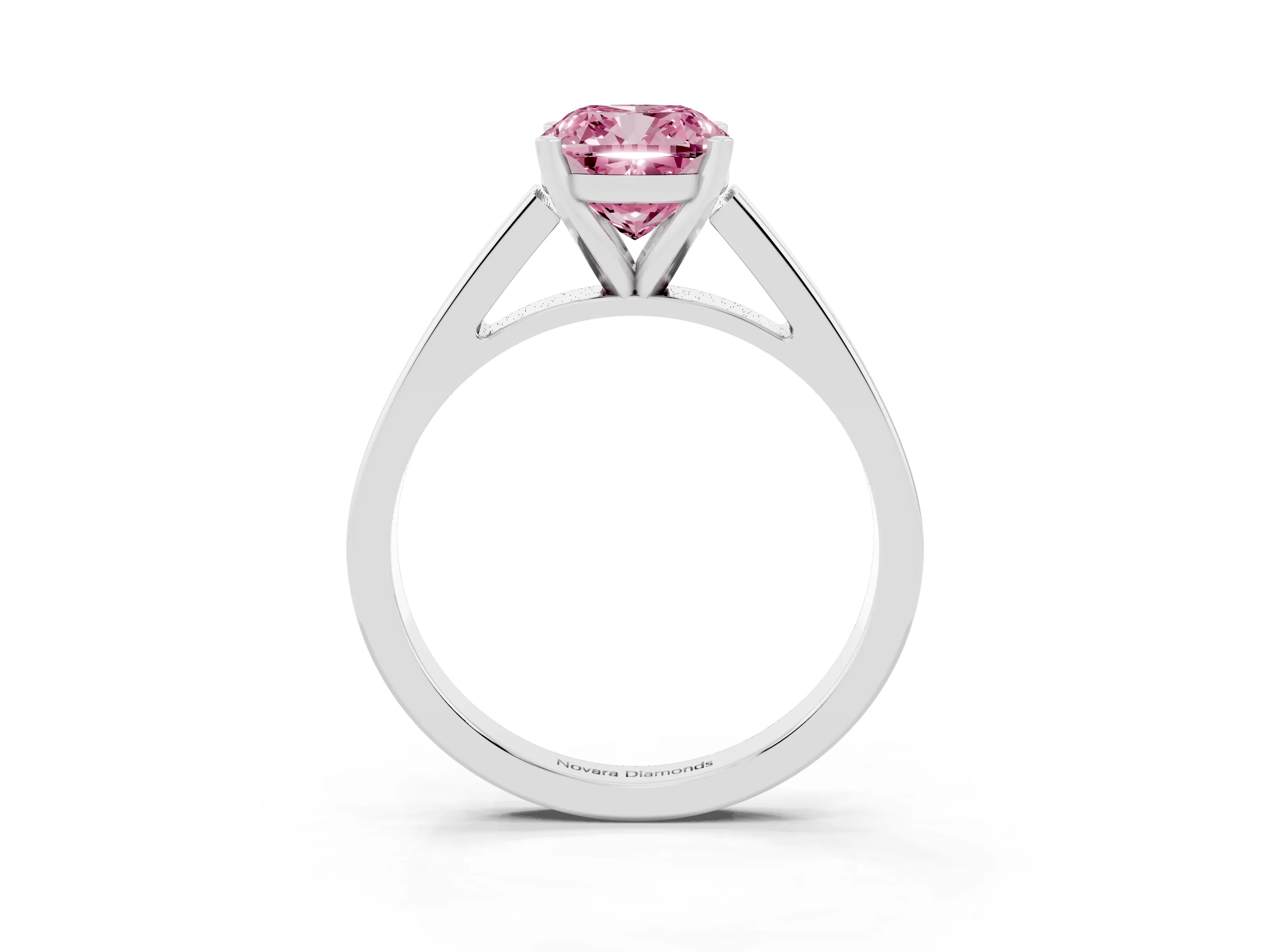 Fancy Pink Cushion Cut Diamond Solitaire Engagement Ring Set in White gold with Prong Setting and Tapered Band