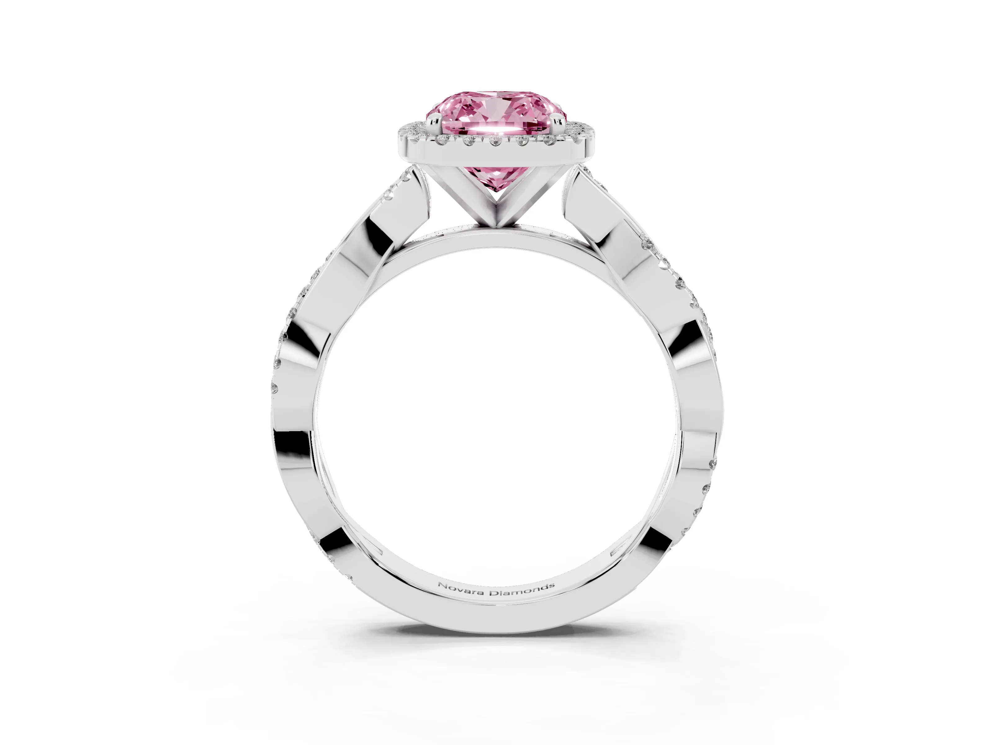 Fancy Pink Cushion Cut Diamond Halo Twisted Band Ring Set in Platinum with Prong Setting