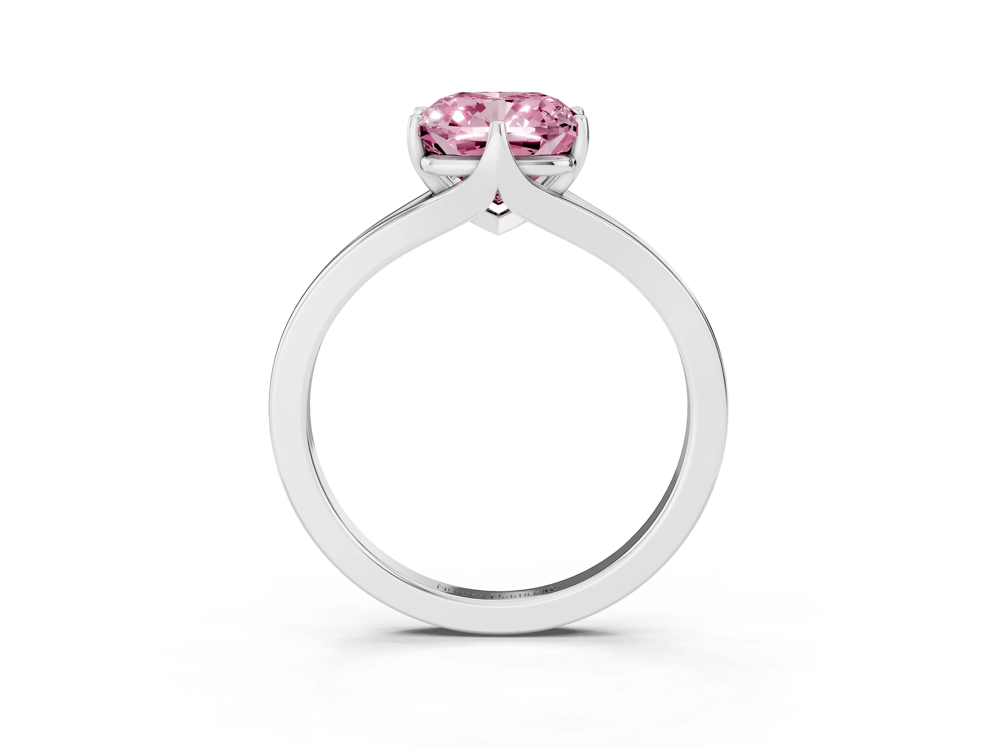 Fancy Pink Cushion Cut Diamond Solitaire Ring Set in Silver with Polished Tapered Band and Prong Setting