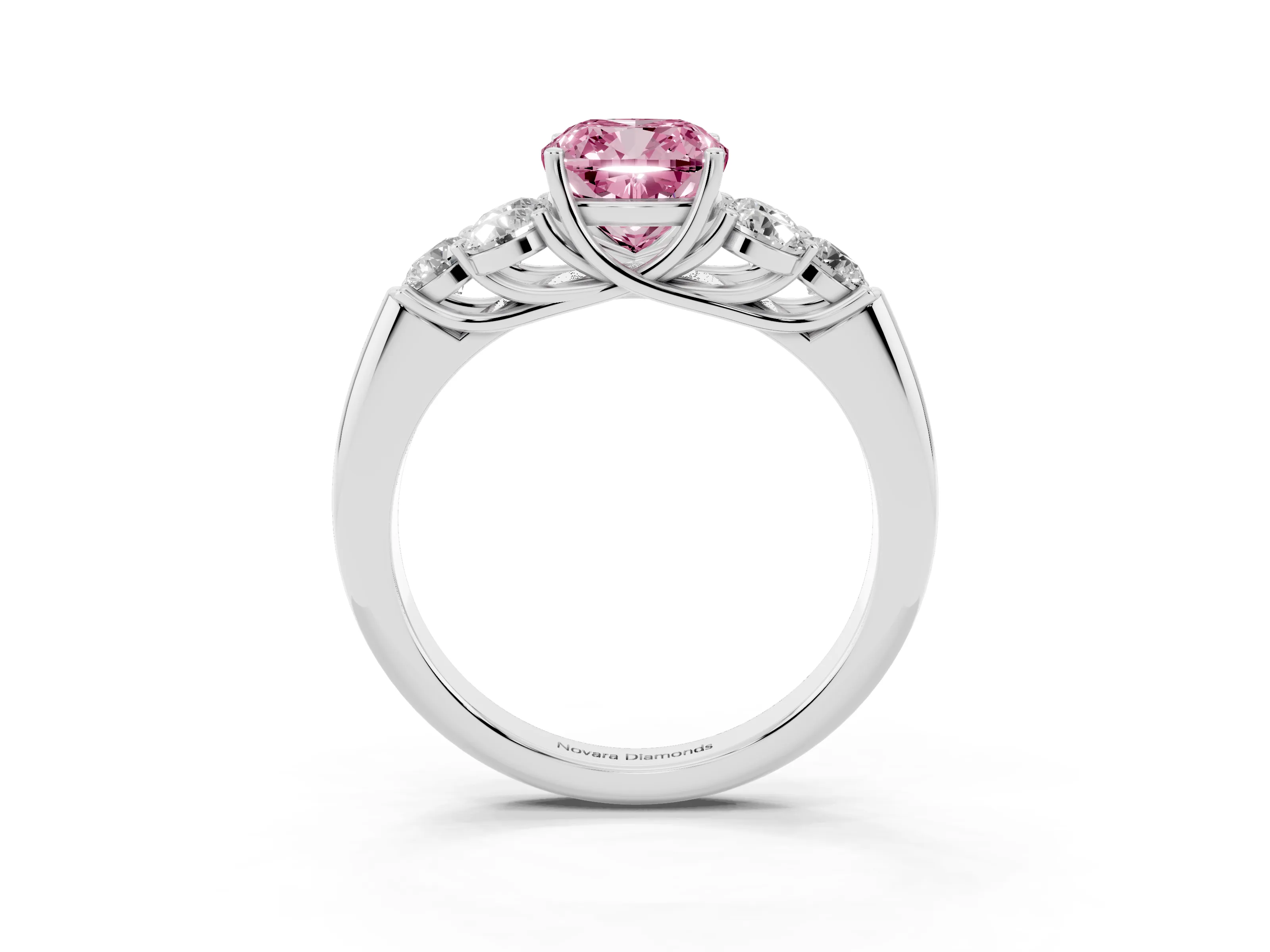 Fancy Pink Cushion Cut Diamond Cluster Ring Set in White gold with Round Accent Stones and Prong Setting on a Plain Band
