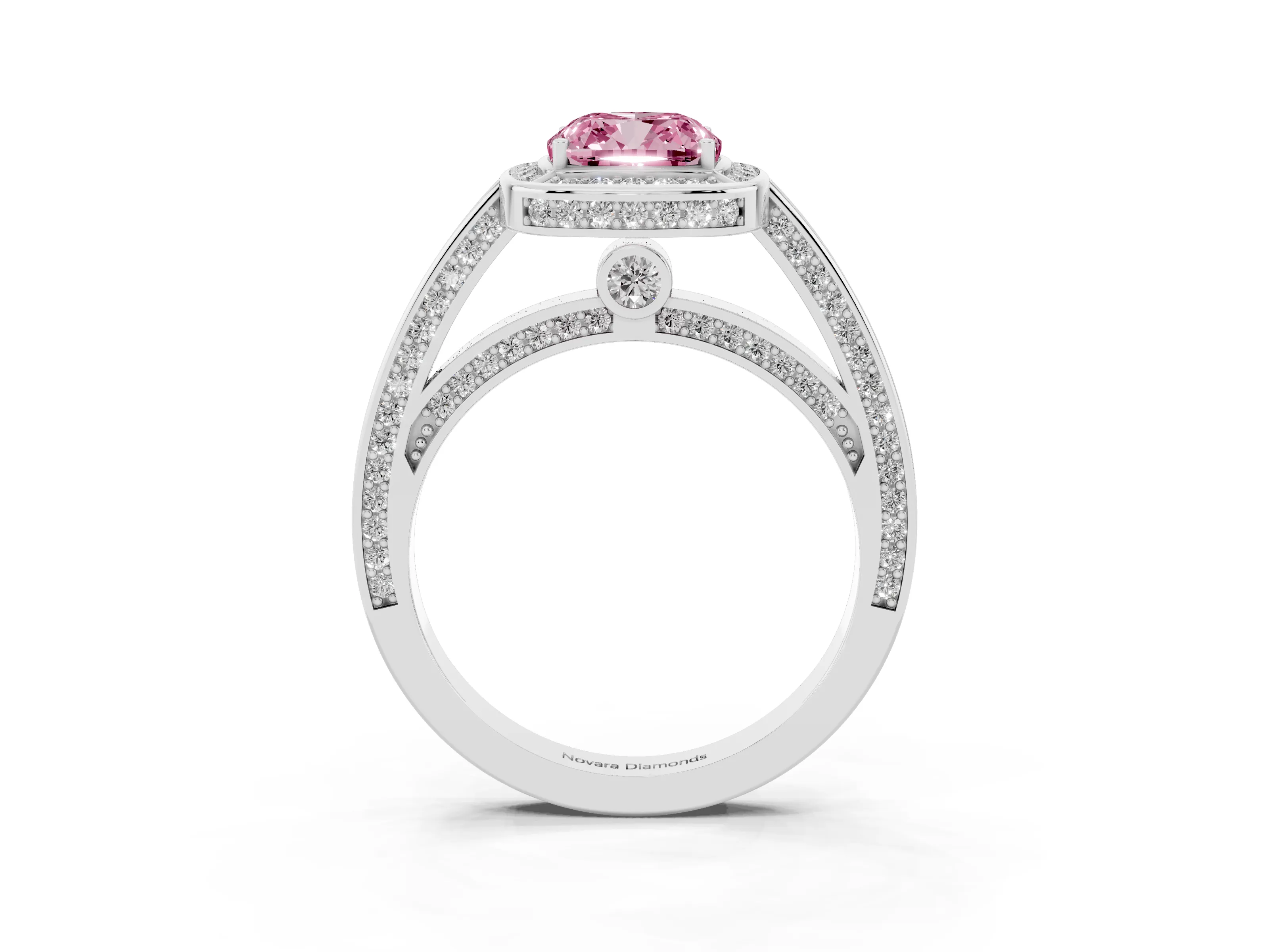 Fancy Pink Cushion Cut Diamond Halo Pavé Split Shank Ring Set in Silver with Prong Setting