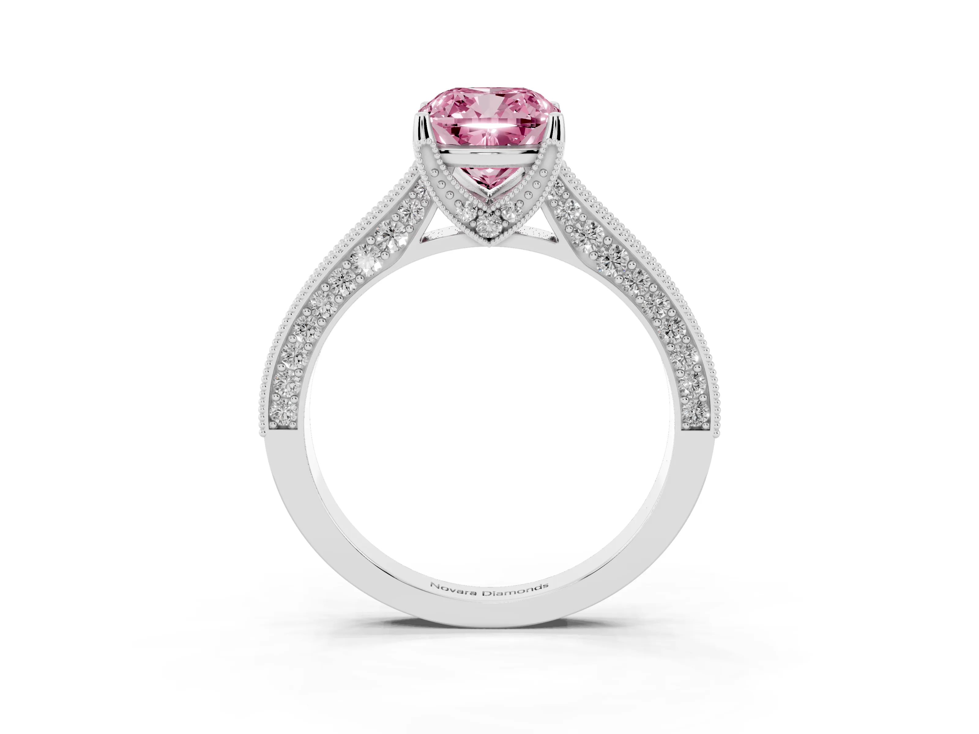 Fancy Pink Cushion Cut Diamond Solitaire Ring Set in Silver with Milgrain-Edged Pavé Band and Prong Setting