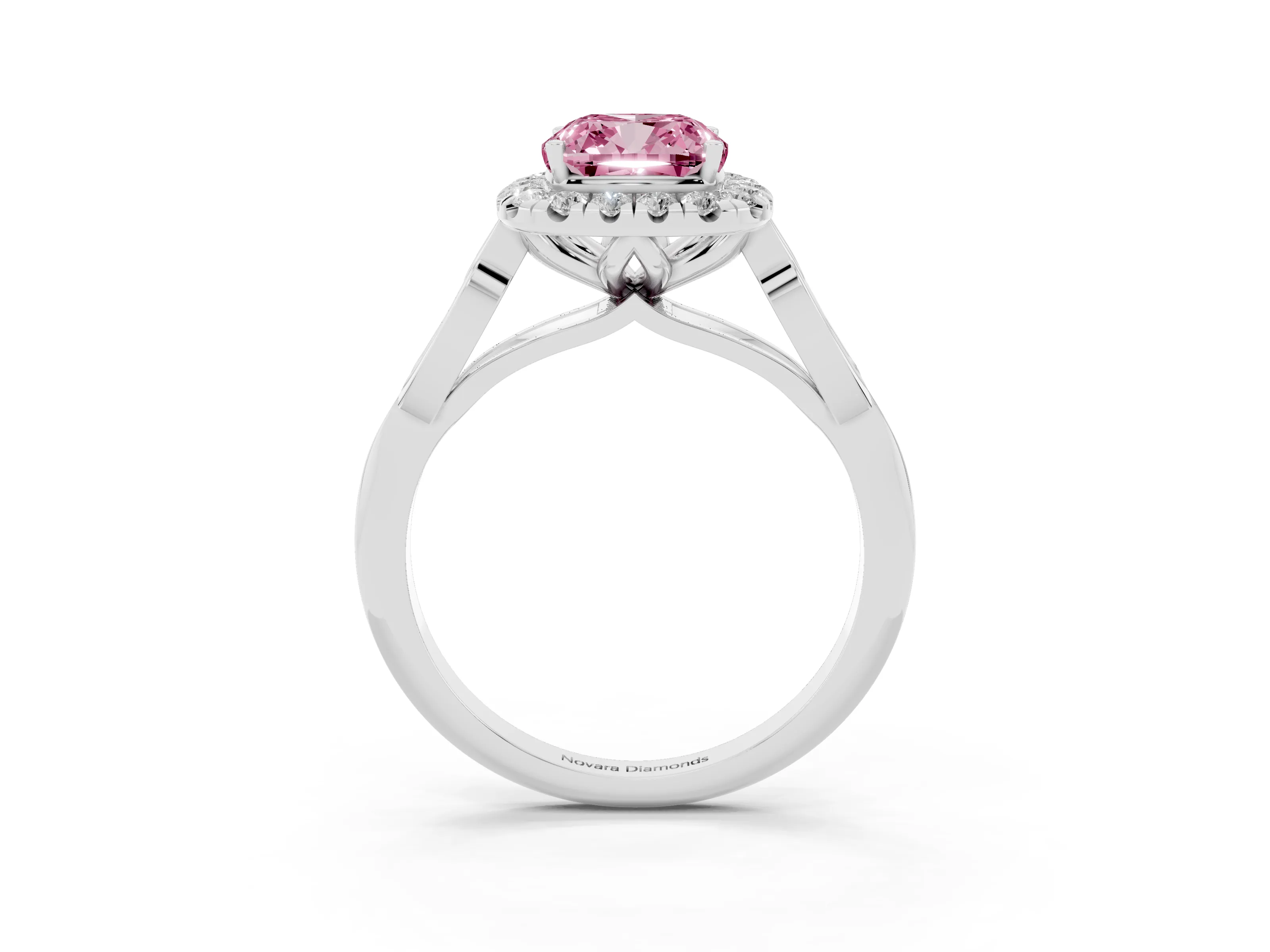 Fancy Pink Cushion Cut Diamond Halo Engagement Ring Set in Platinum with Filigree Band and Prong-Set Center