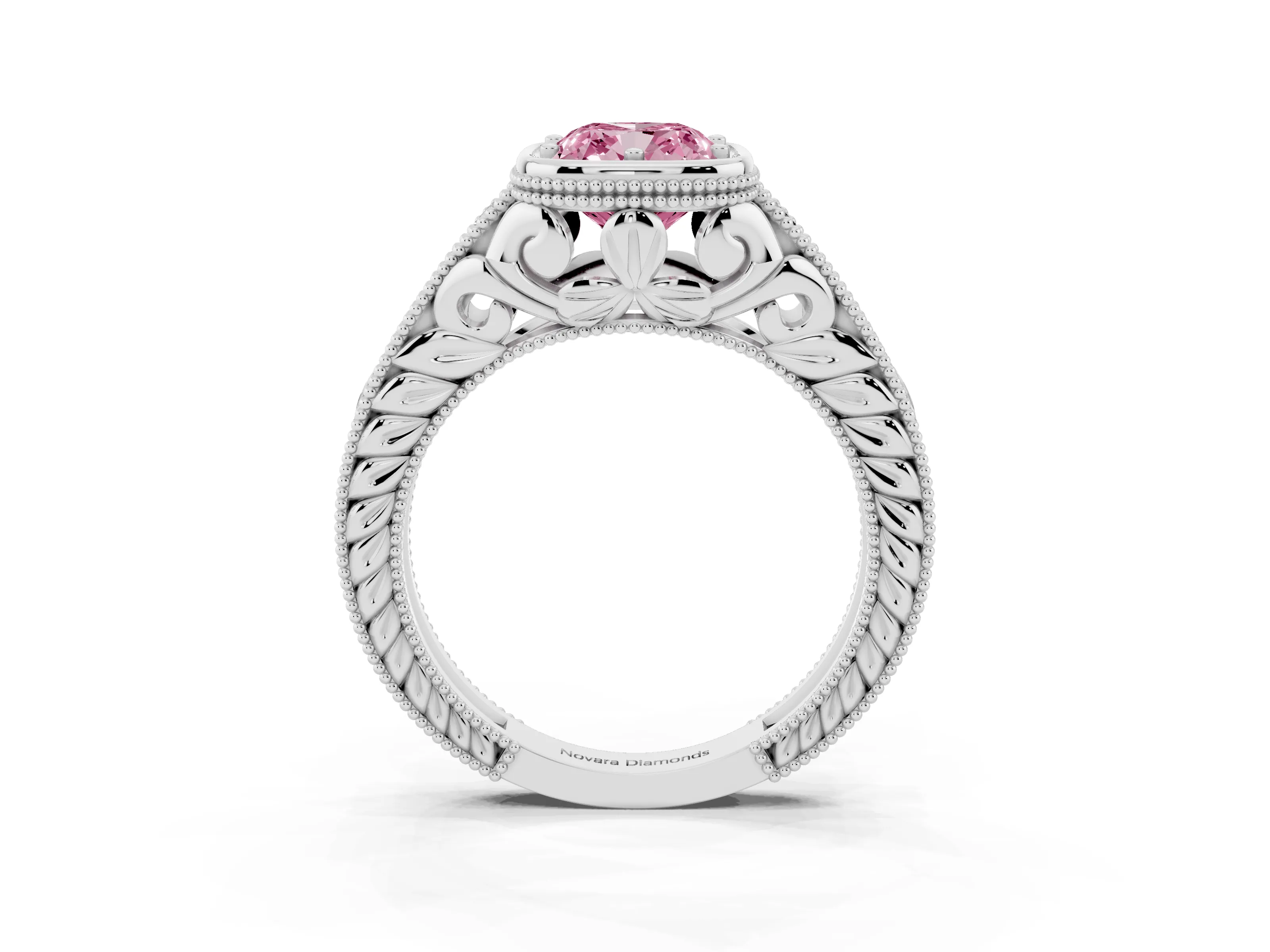 Fancy Pink Bezel Set Cushion Cut Diamond Milgrain Pavé Engagement Ring Set in Silver