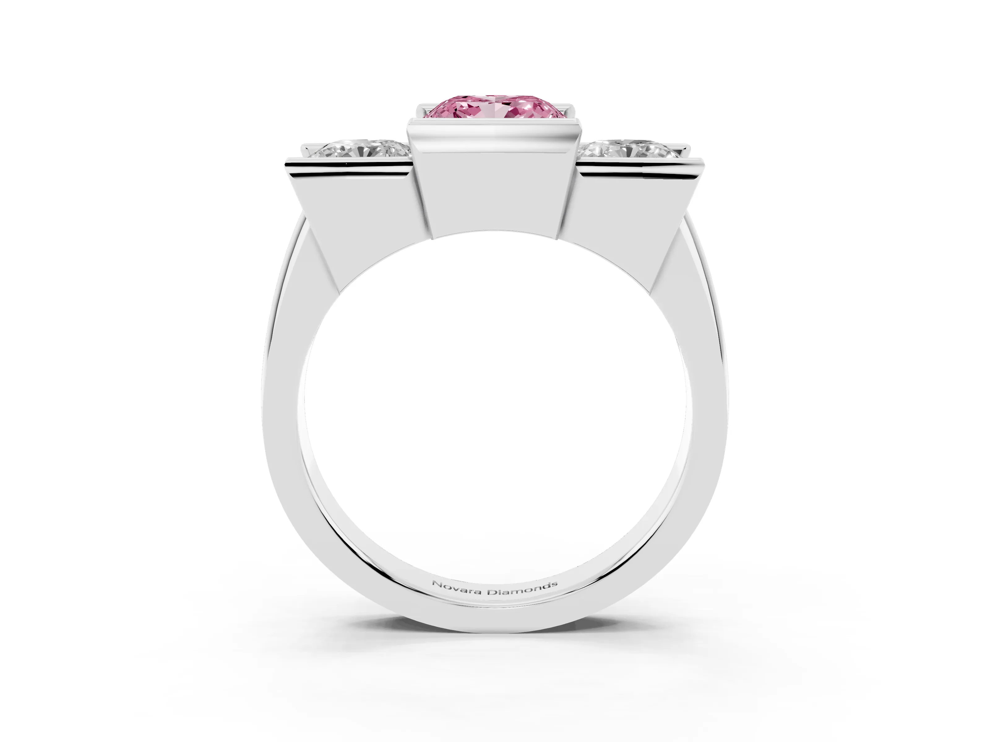 Fancy Pink Cushion Cut Diamond Three-Stone Channel Set Ring Set in Platinum with Smooth Polished Band