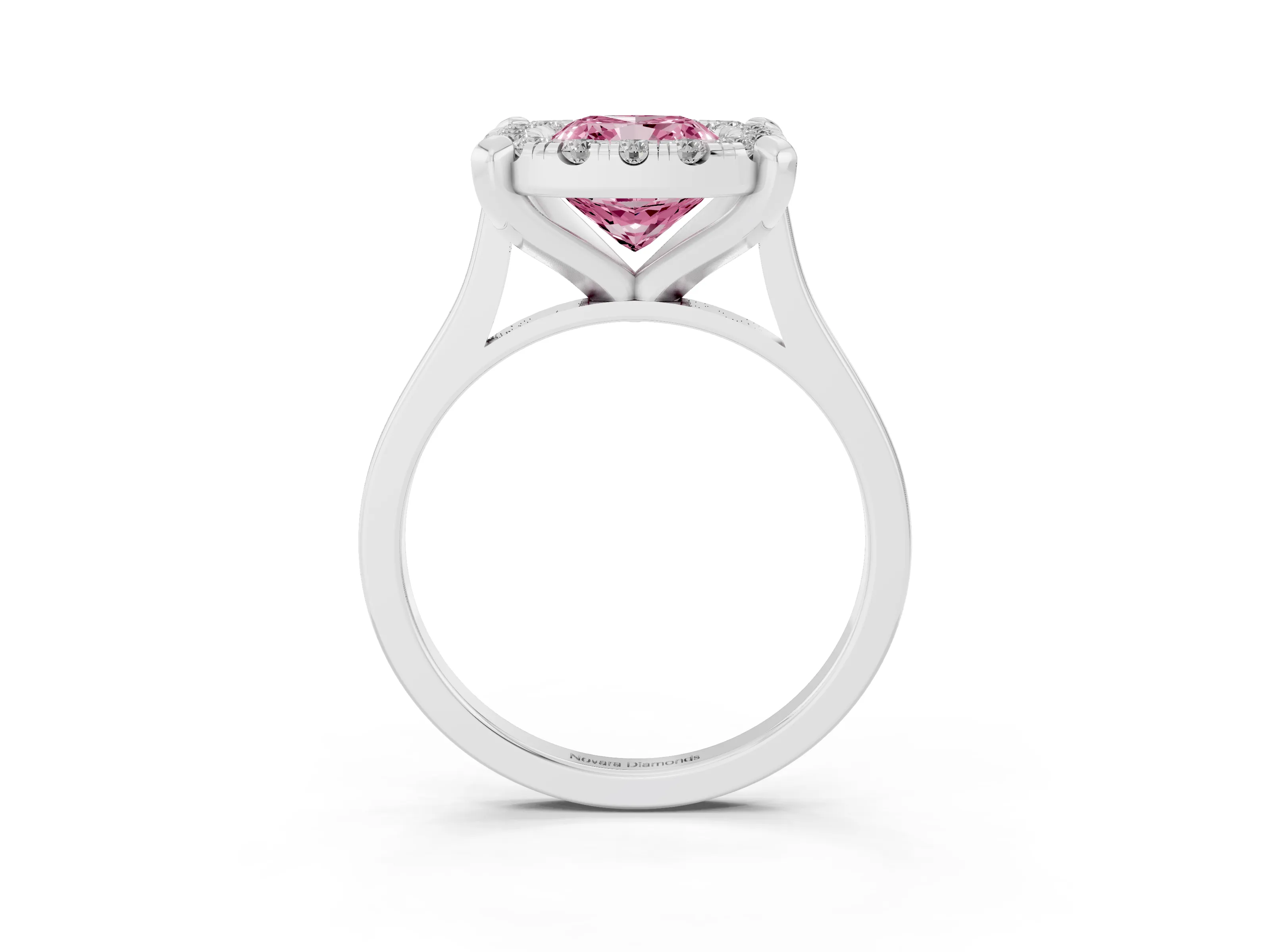 Fancy Pink Cushion Cut Diamond Cluster Halo Solitaire Ring Set in Silver with Prong Setting