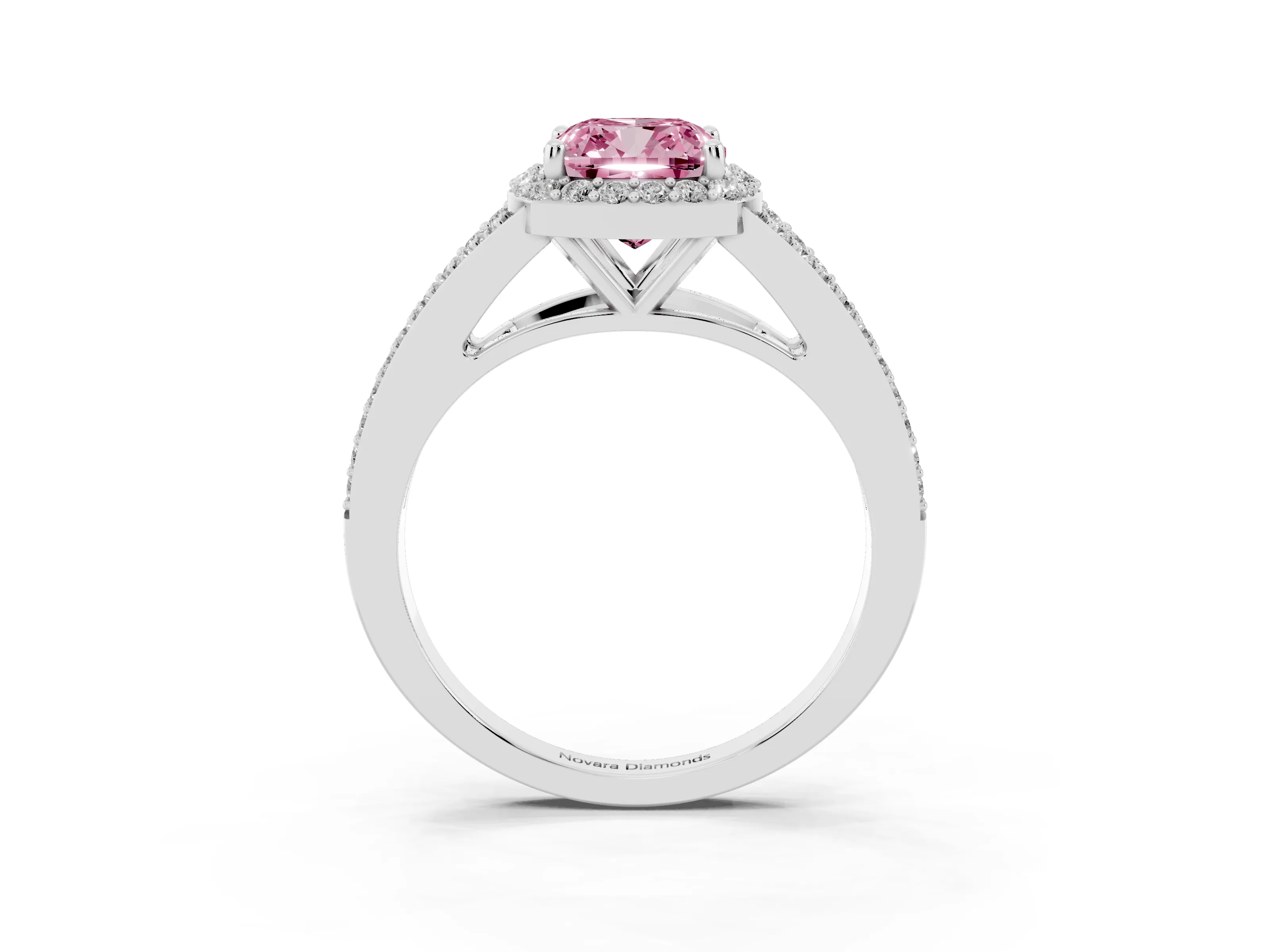 Fancy Pink Cushion Cut Diamond Halo Split Shank Ring Set in White gold with Accent Stones and Prong Setting