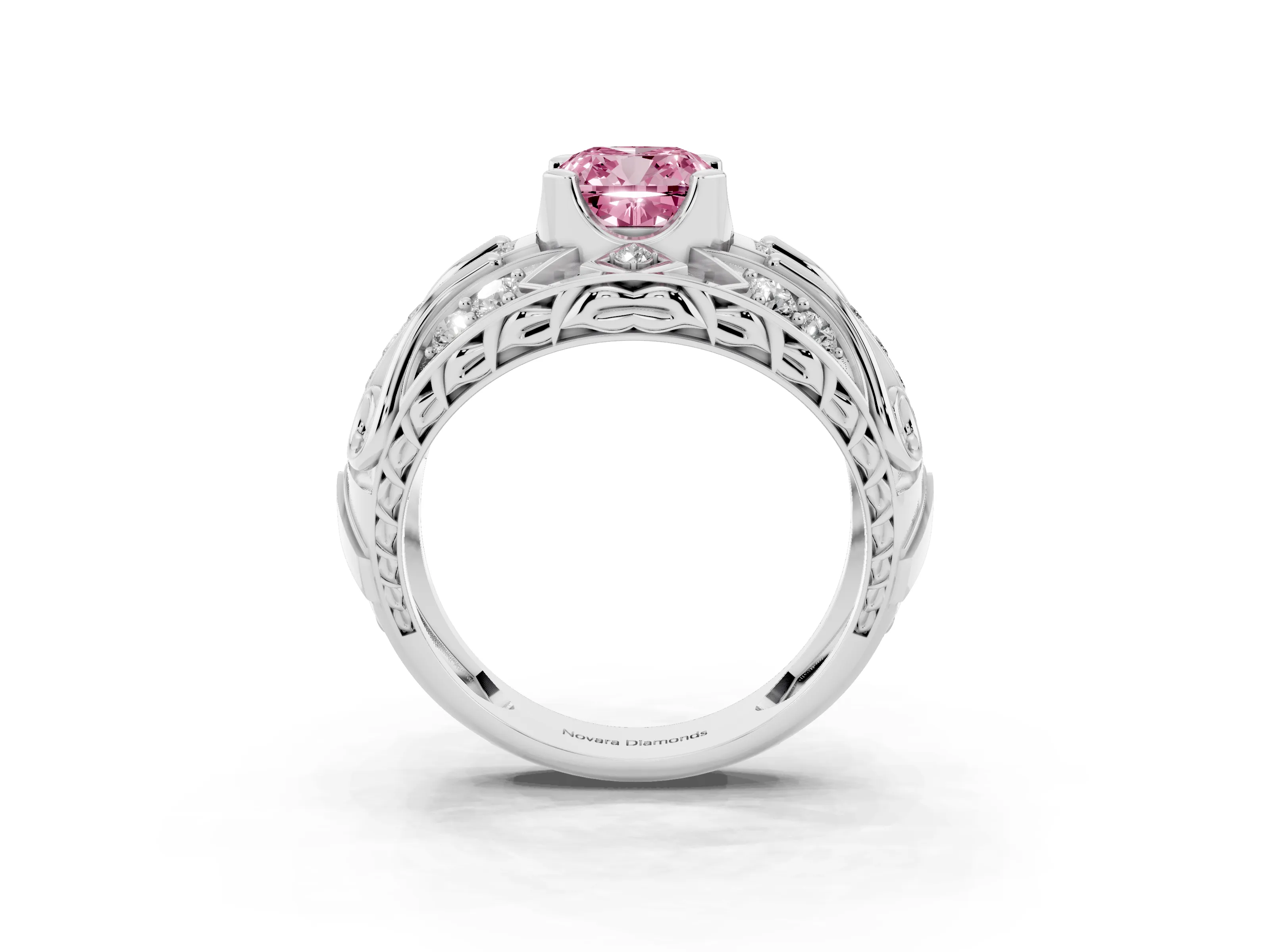 Fancy Pink Cushion Cut Diamond Art Deco Ring Set in Silver with Pavé Split Shank