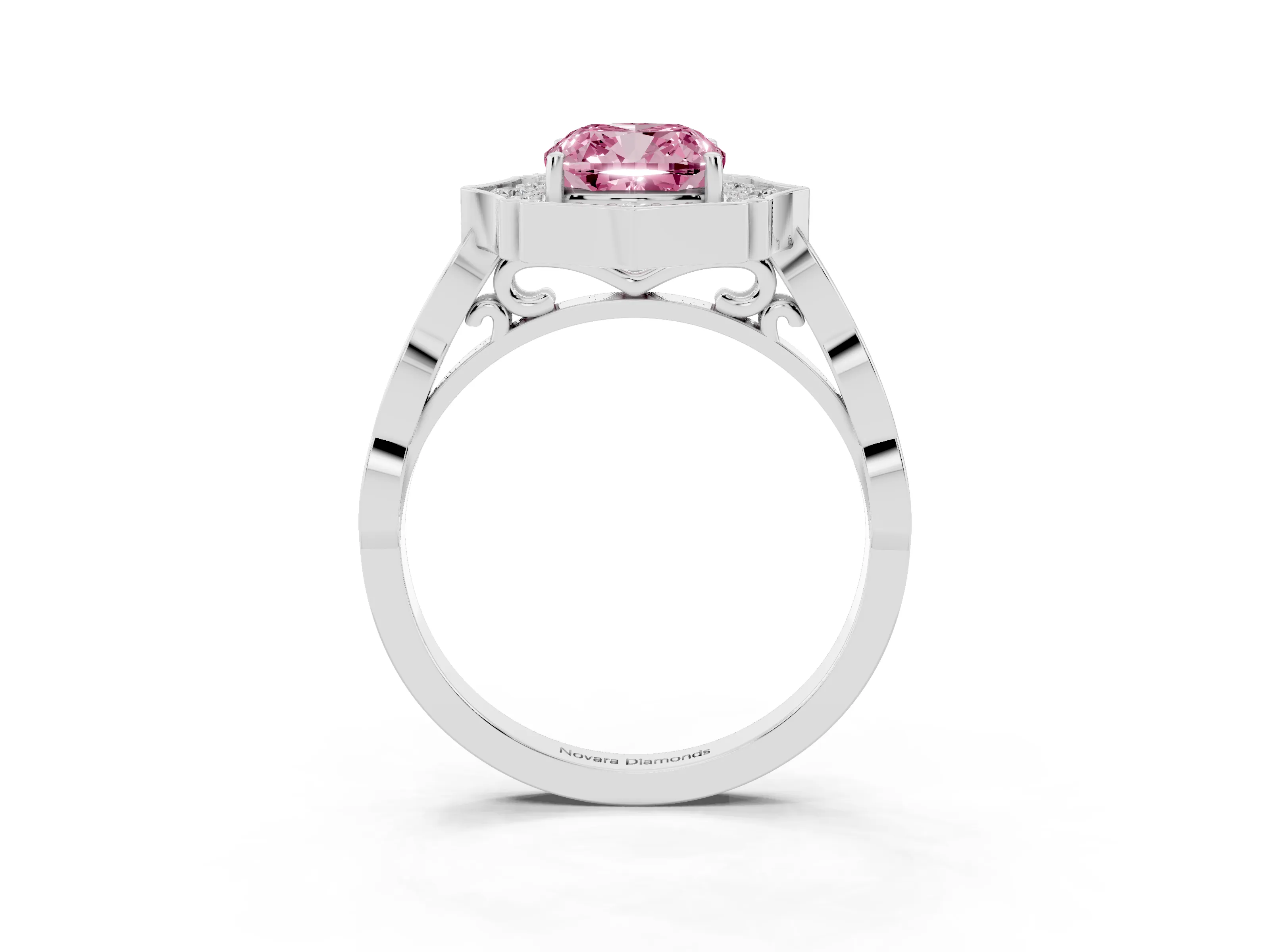 Fancy Pink Cushion Cut Diamond Halo Engagement Ring Set in Platinum with Milgrain Band and Prong Setting