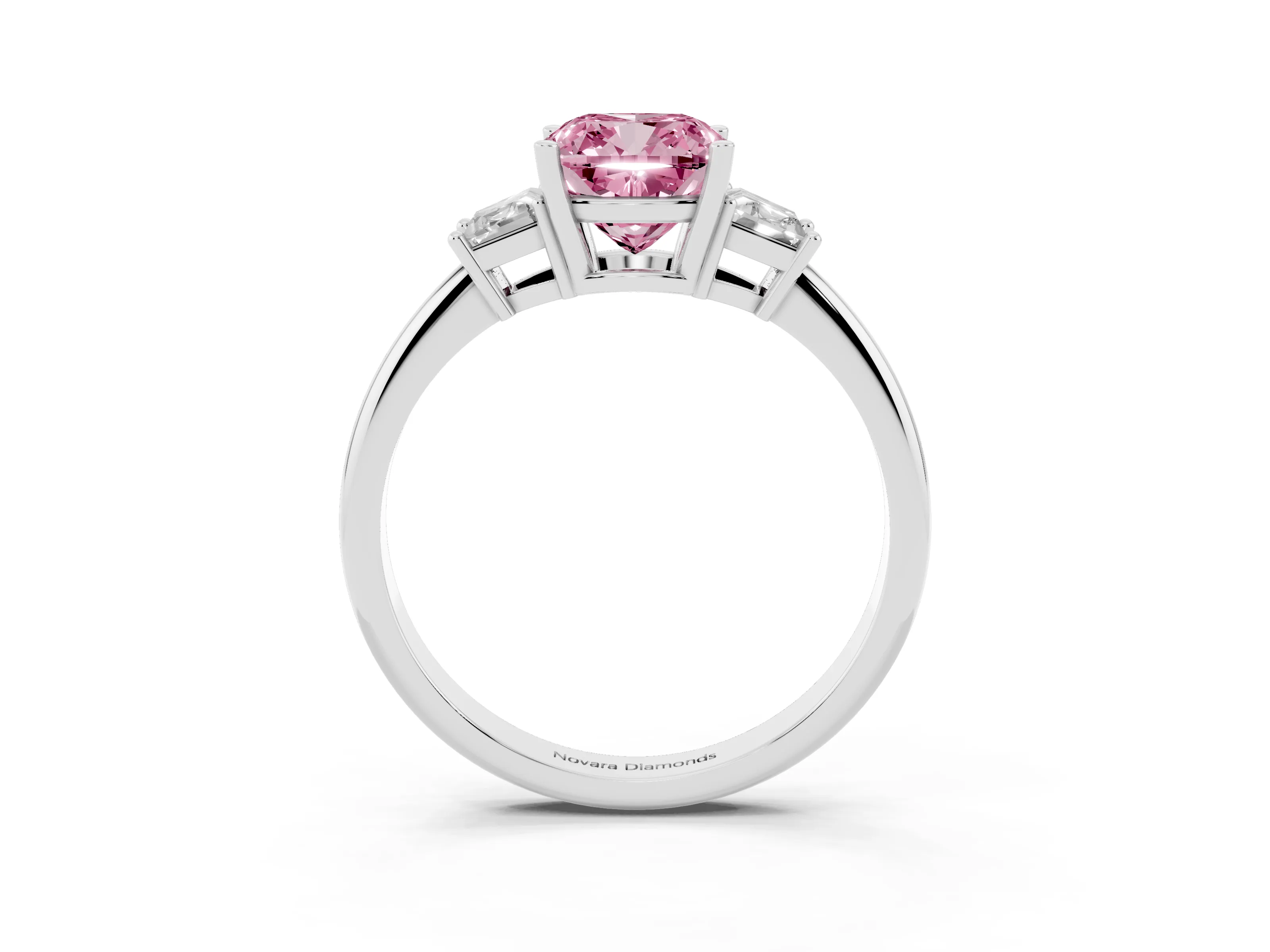 Fancy Pink Cushion Cut Diamond Three-Stone Ring Set in Silver with Trapezoid Side Stones and Prong Setting