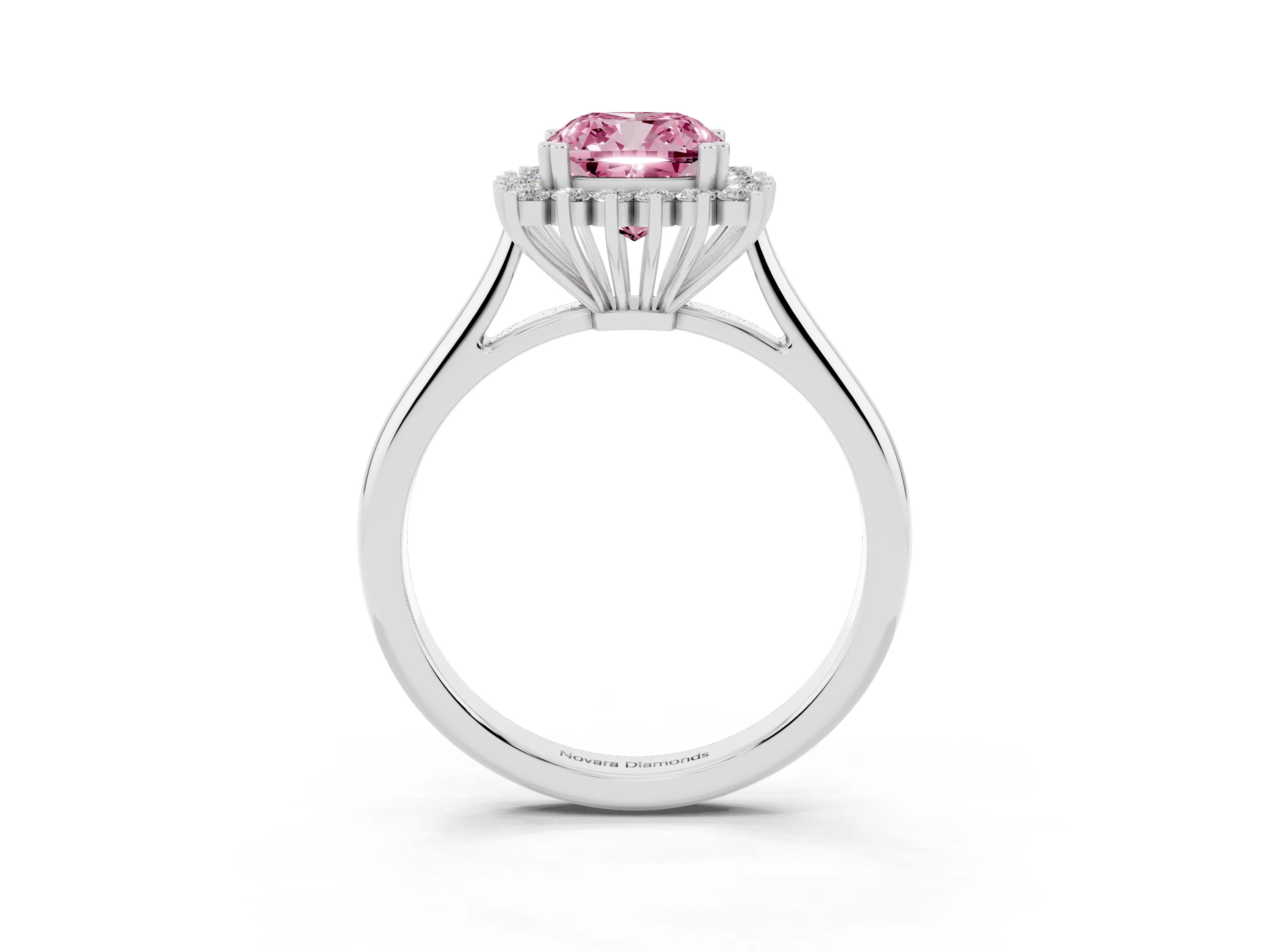 Fancy Pink Cushion Cut Diamond Halo Ring Set in White gold with Plain Solitaire Band and Prong Setting