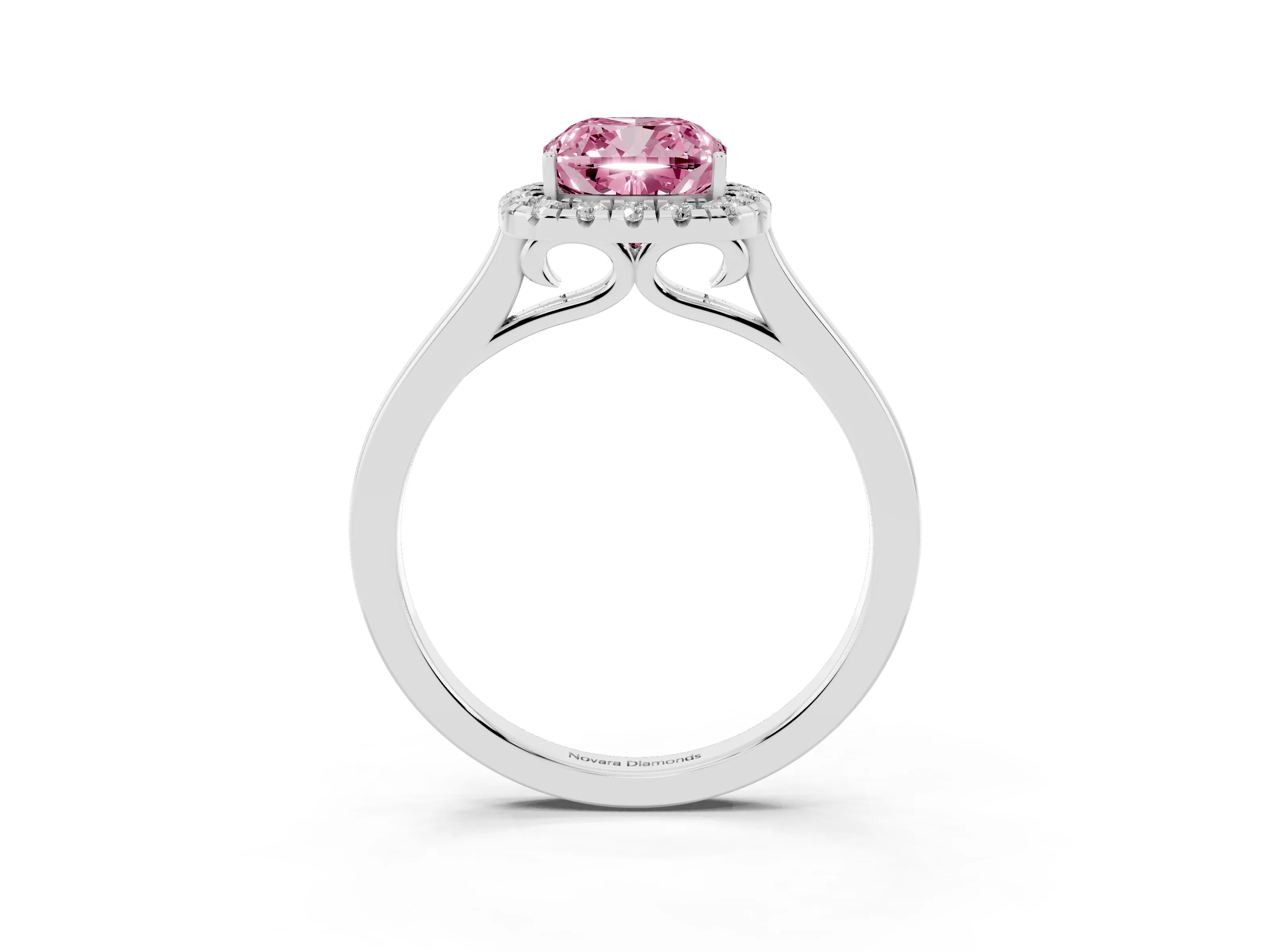 Fancy Pink Cushion Cut Halo Round Diamond Solitaire Ring Set in White gold with Pavé Band and Prong Setting