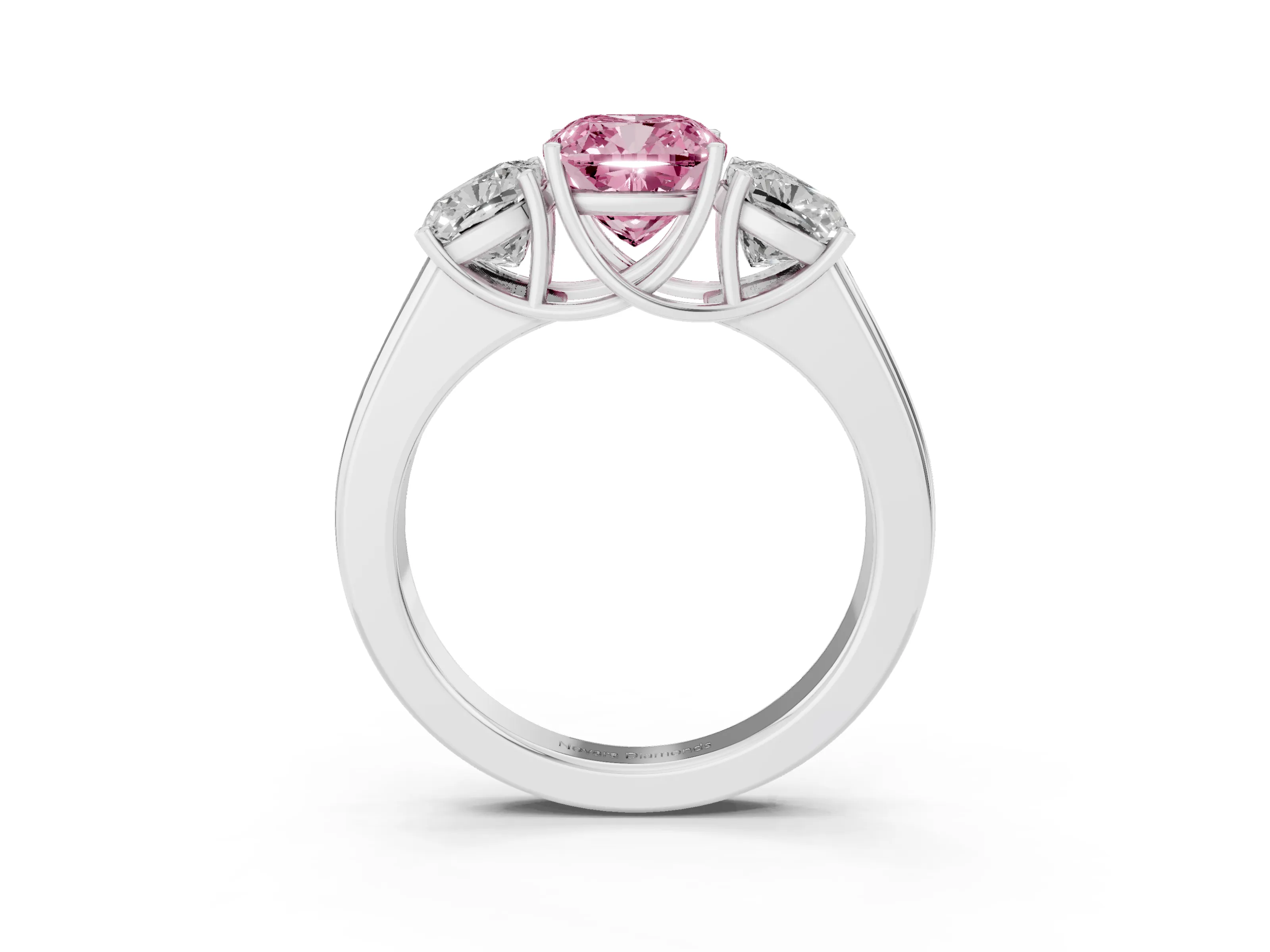 Fancy Pink Three-Stone Cushion Cut Diamond Ring Set in Silver with Matching Prong Settings and Plain Band