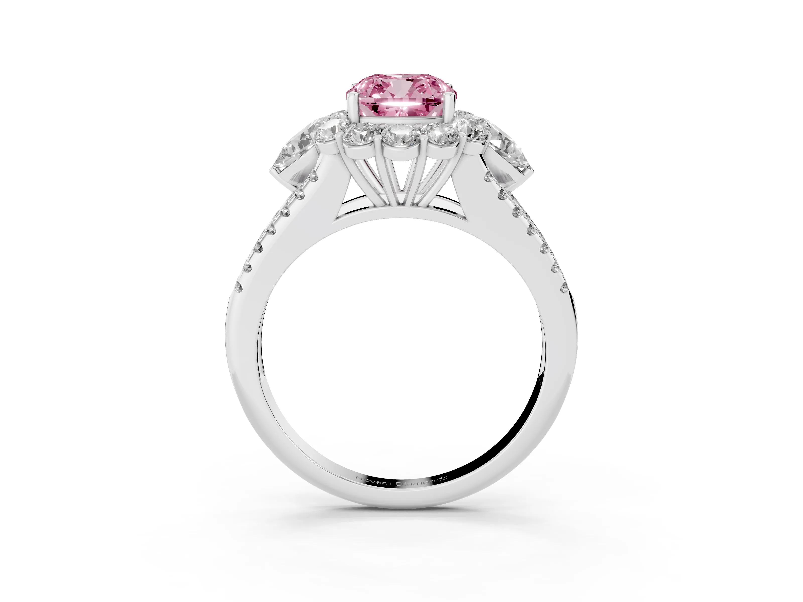 Fancy Pink Cushion Cut Diamond Halo Split Shank Engagement Ring Set in Platinum with Prong-Held Center Stone
