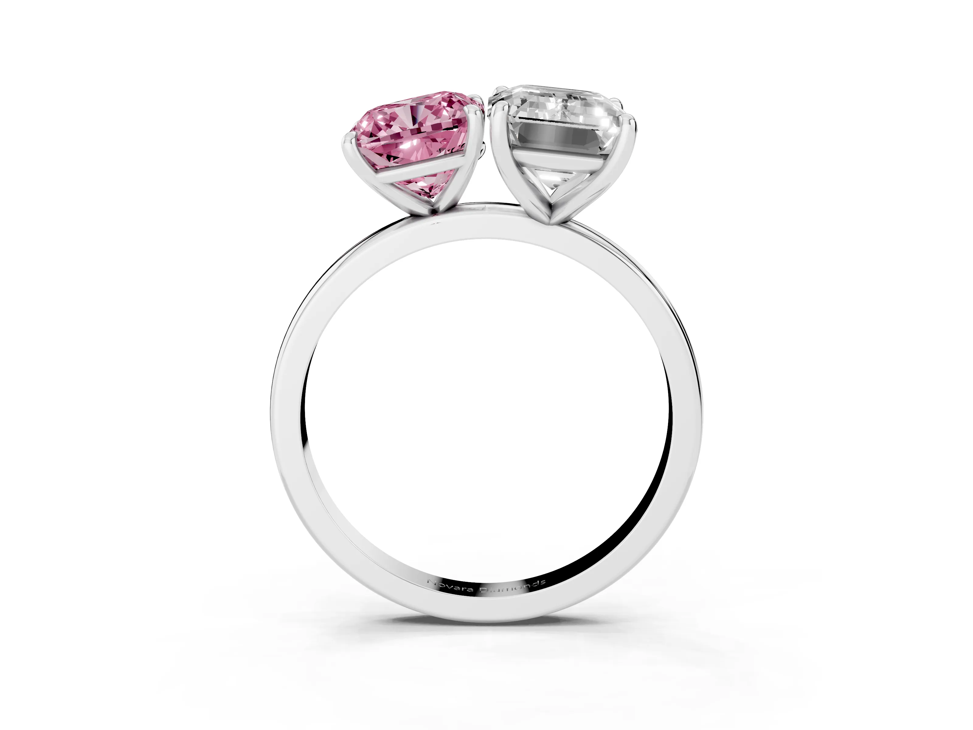 Fancy Pink Cushion Cut and Emerald Cut Toi Moi Ring Set in Platinum with Prong Setting