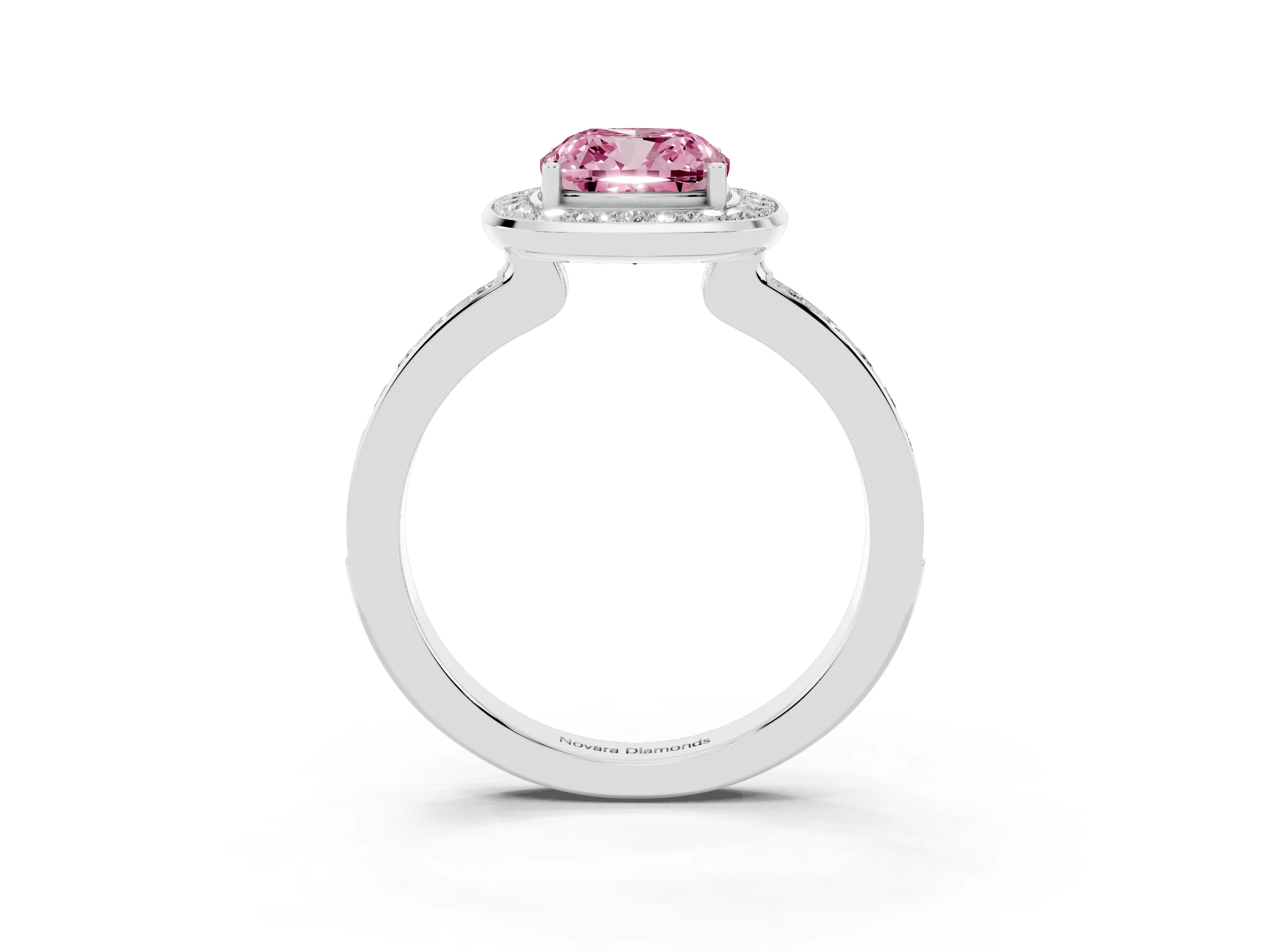 Fancy Pink Cushion Cut Diamond Halo Ring Set in White gold with Bezel Frame and Pavé Band