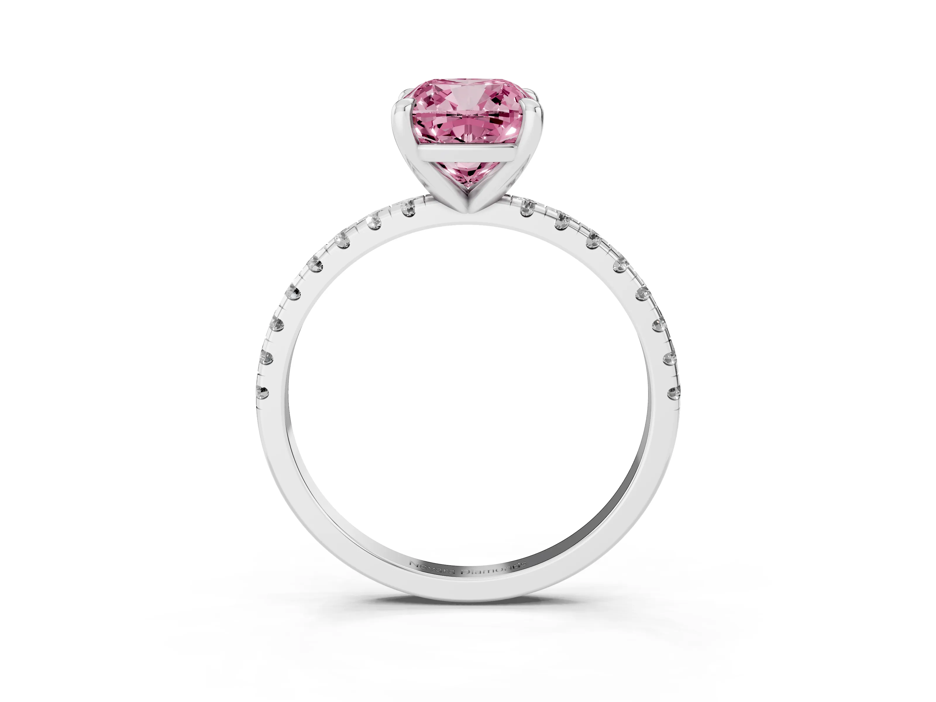 Fancy Pink Cushion Cut Diamond Brilliant Solitaire Ring Set in Silver with Pavé Band and Prong Setting