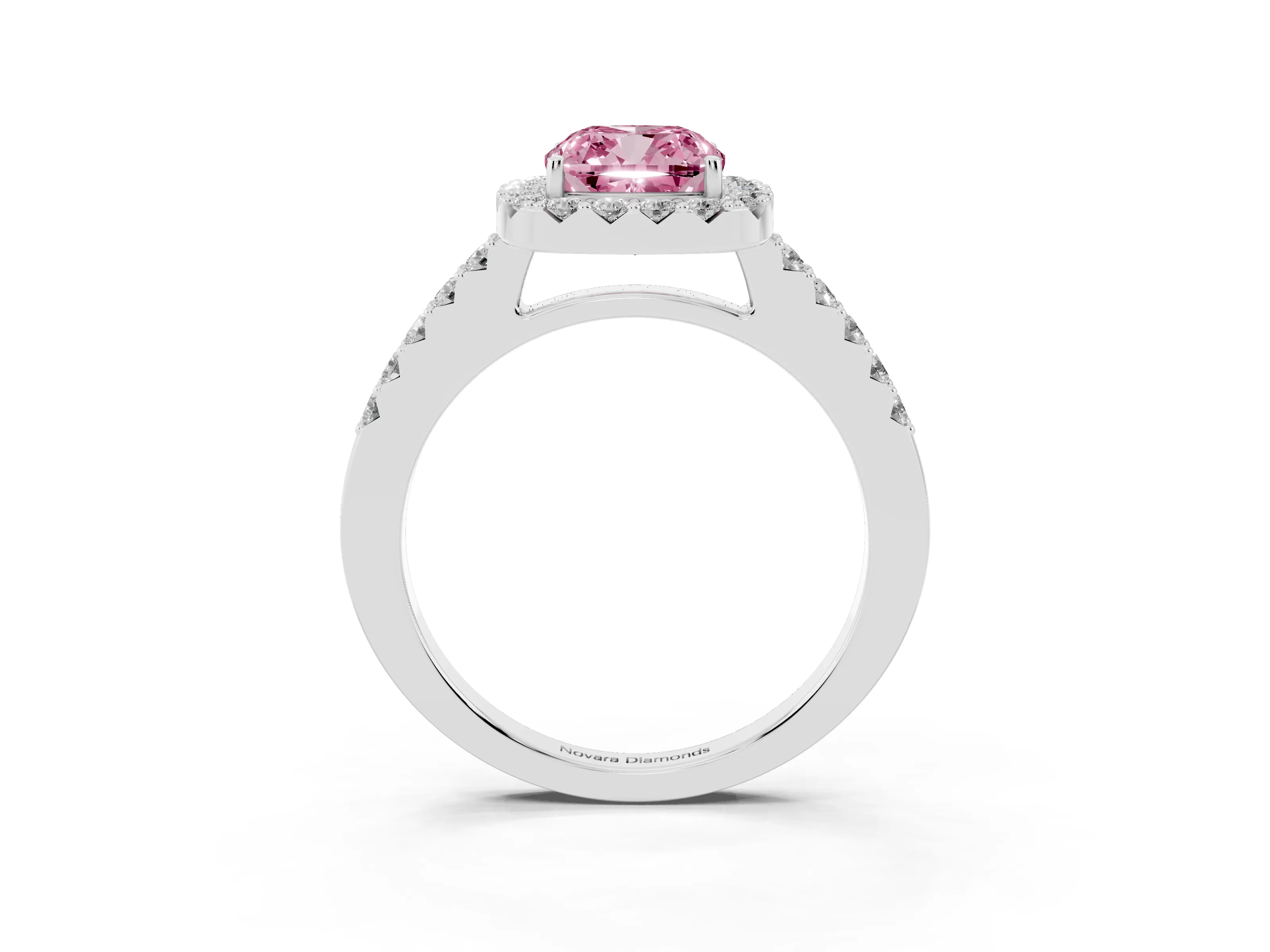 Fancy Pink Cushion Cut Diamond Halo Pavé Solitaire Ring Set in Silver with Prong-Set Center Stone