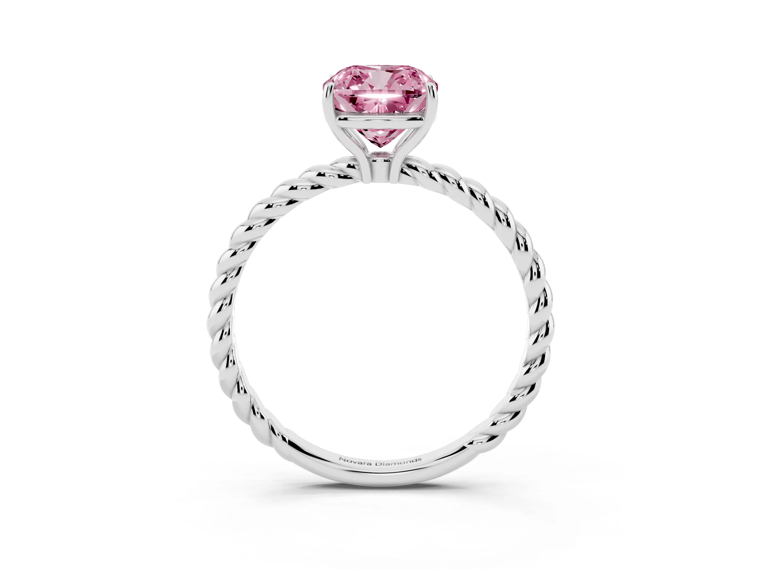 Fancy Pink Cushion Cut Diamond Solitaire Ring Set in White gold with Twist Band and Prong Setting