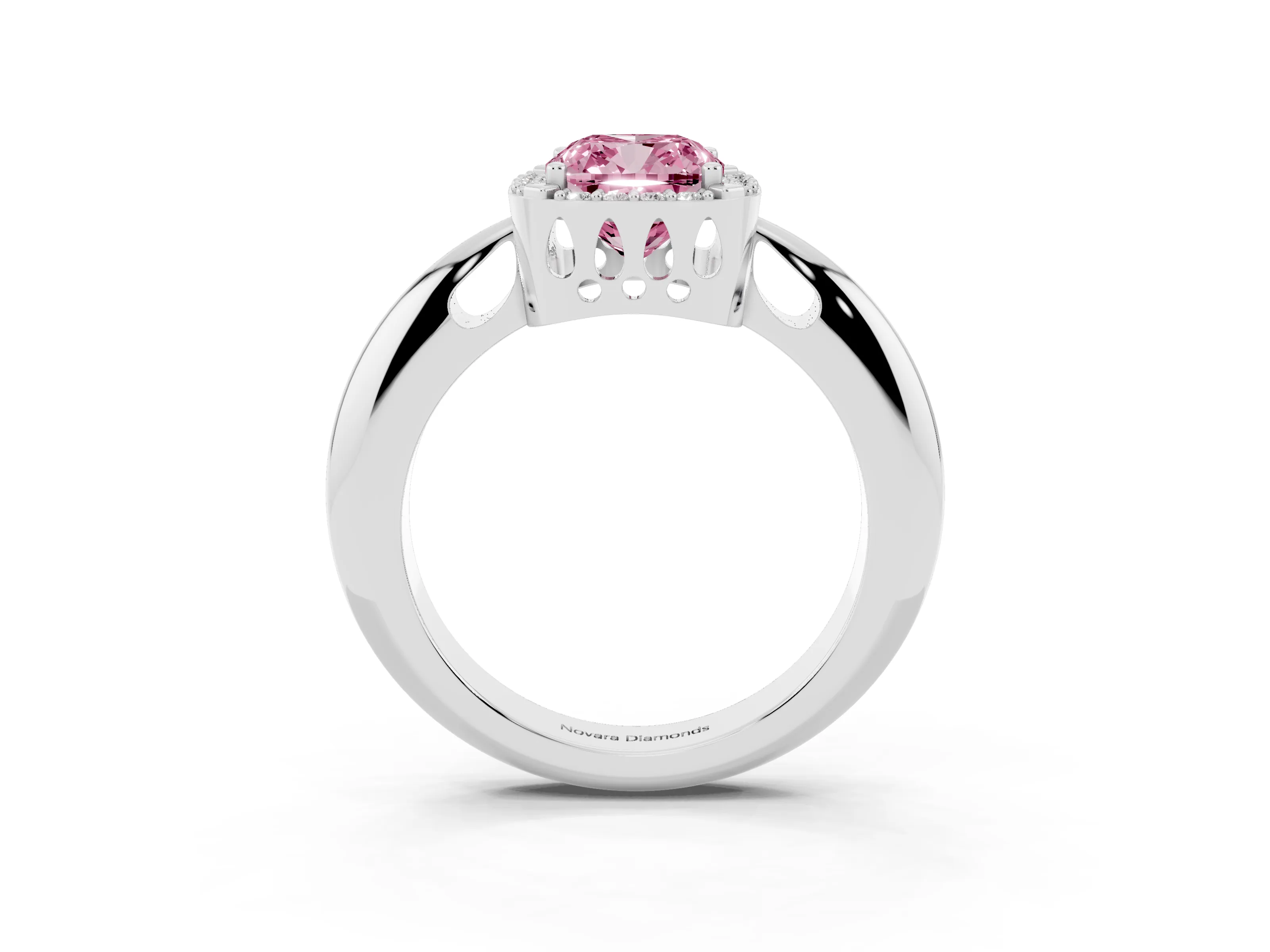 Fancy Pink Cushion Cut Diamond Halo Engagement Ring Set in White gold with Plain Split Shank and Prong Setting