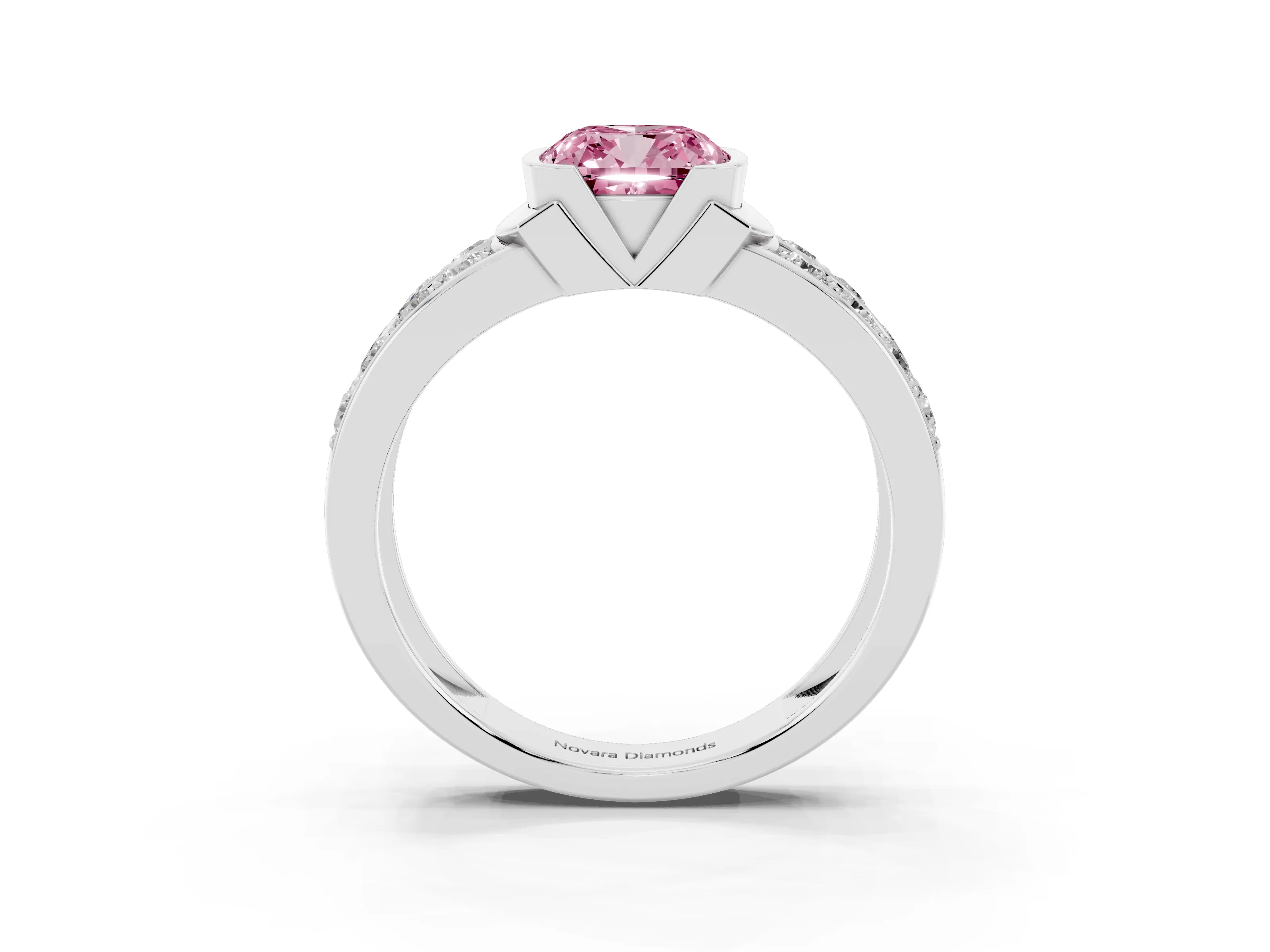 Fancy Pink Cushion Cut Diamond Wide Channel Set Band Ring Set in Silver with Bezel Setting