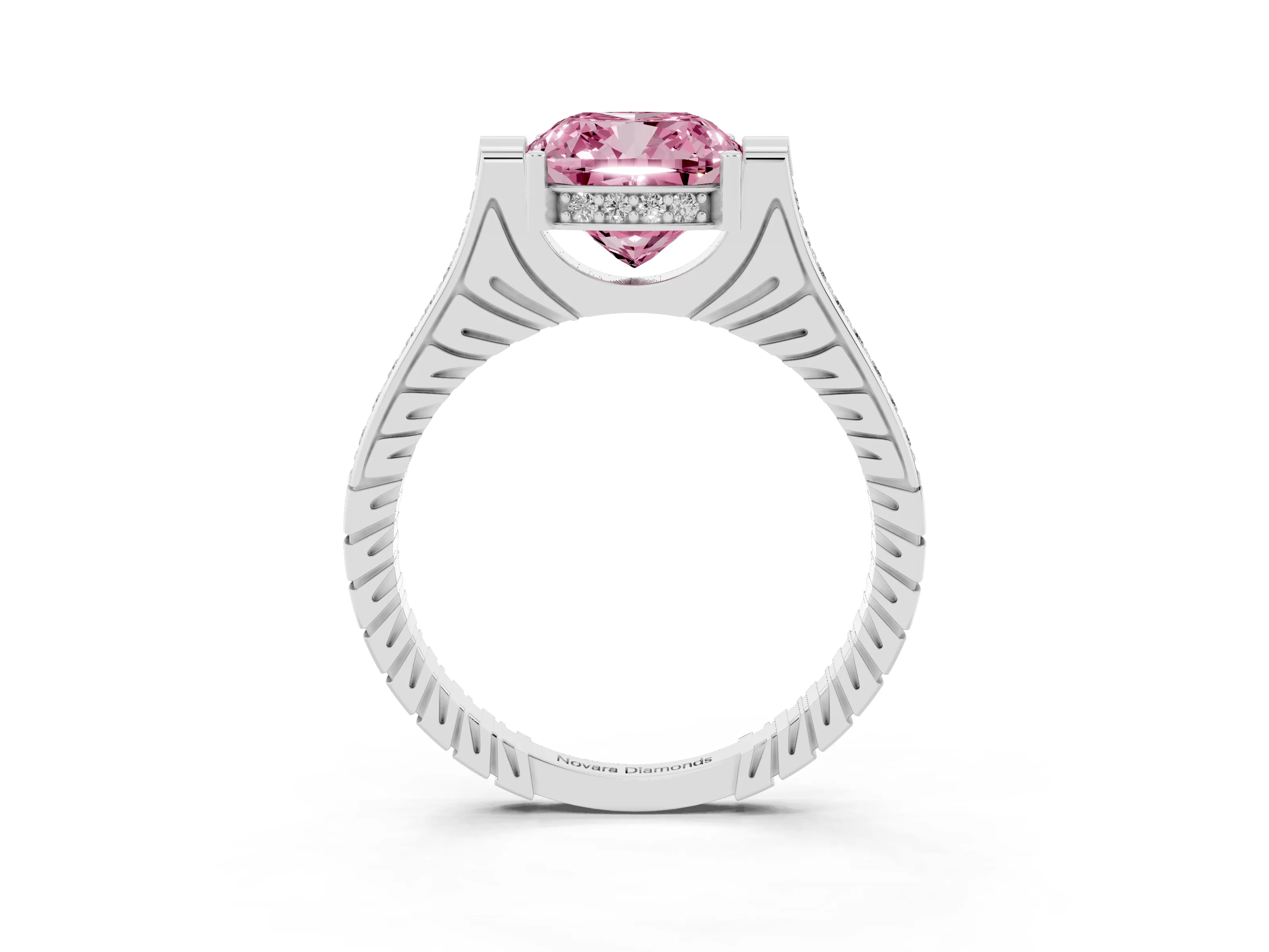 Fancy Pink Cushion Cut Diamond Solitaire Ring Set in White gold with Channel Set Band and Bezel Prong Setting