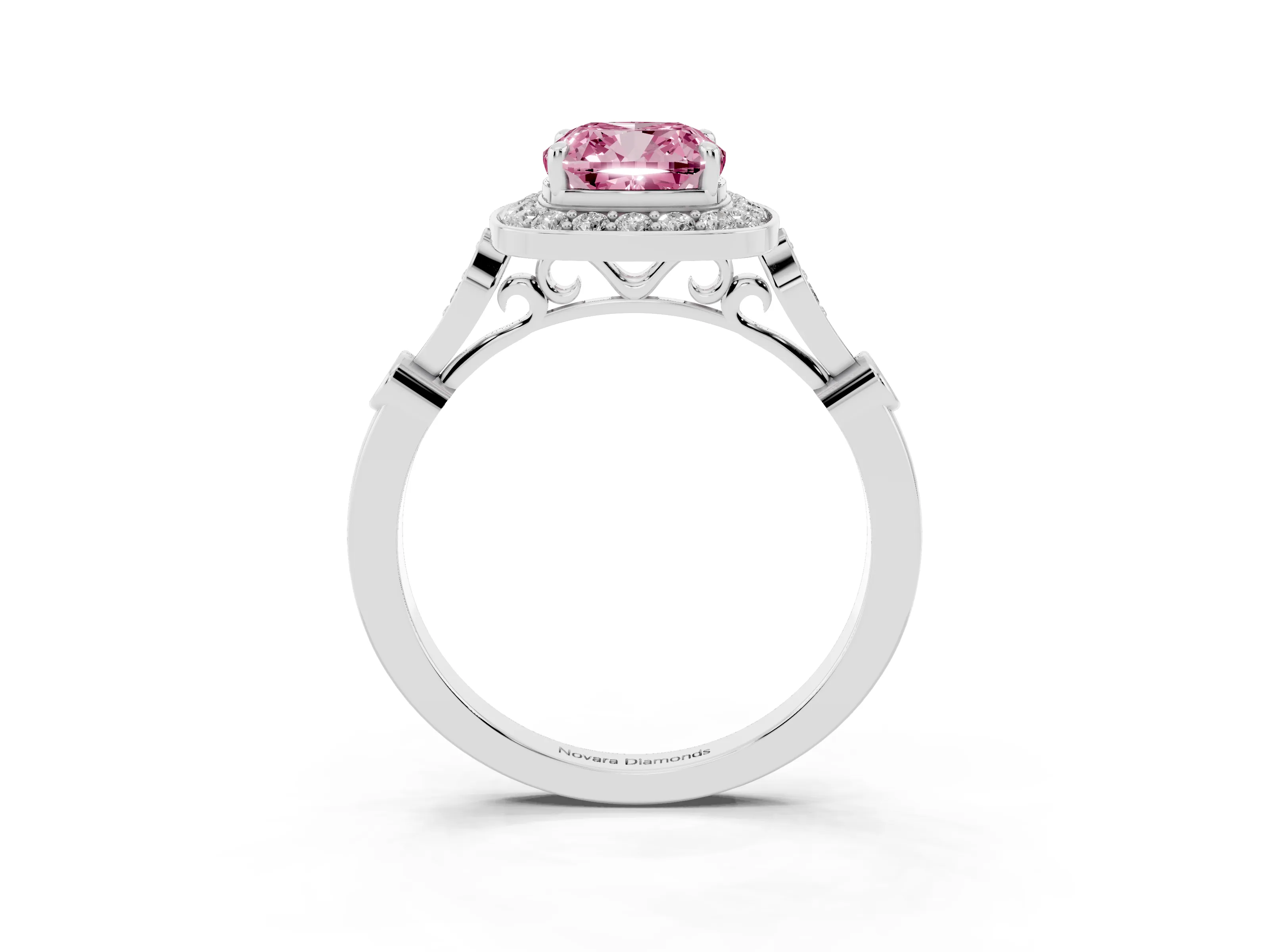 Fancy Pink Cushion Cut Diamond Halo Engagement Ring Set in Silver with Twisted Band and Prong Setting