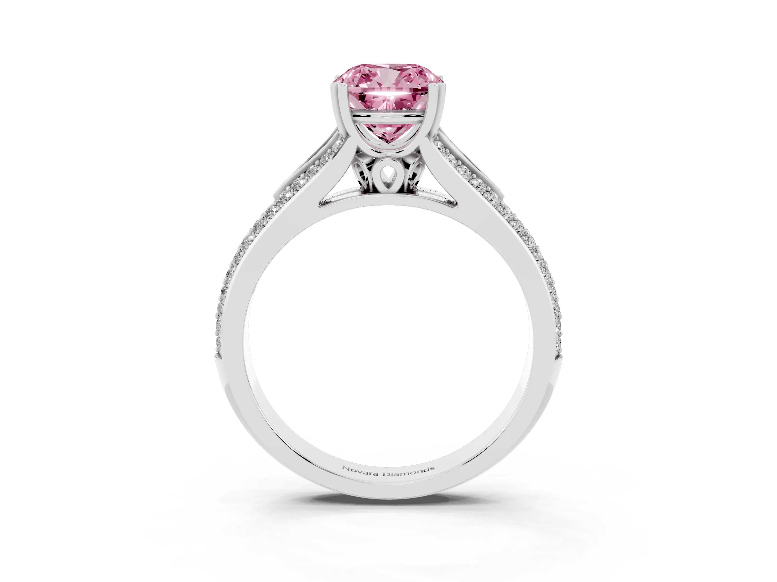 Fancy Pink Cushion Cut Diamond Split Shank Pavé Engagement Ring Set in White gold with Prong-Set Center Stone
