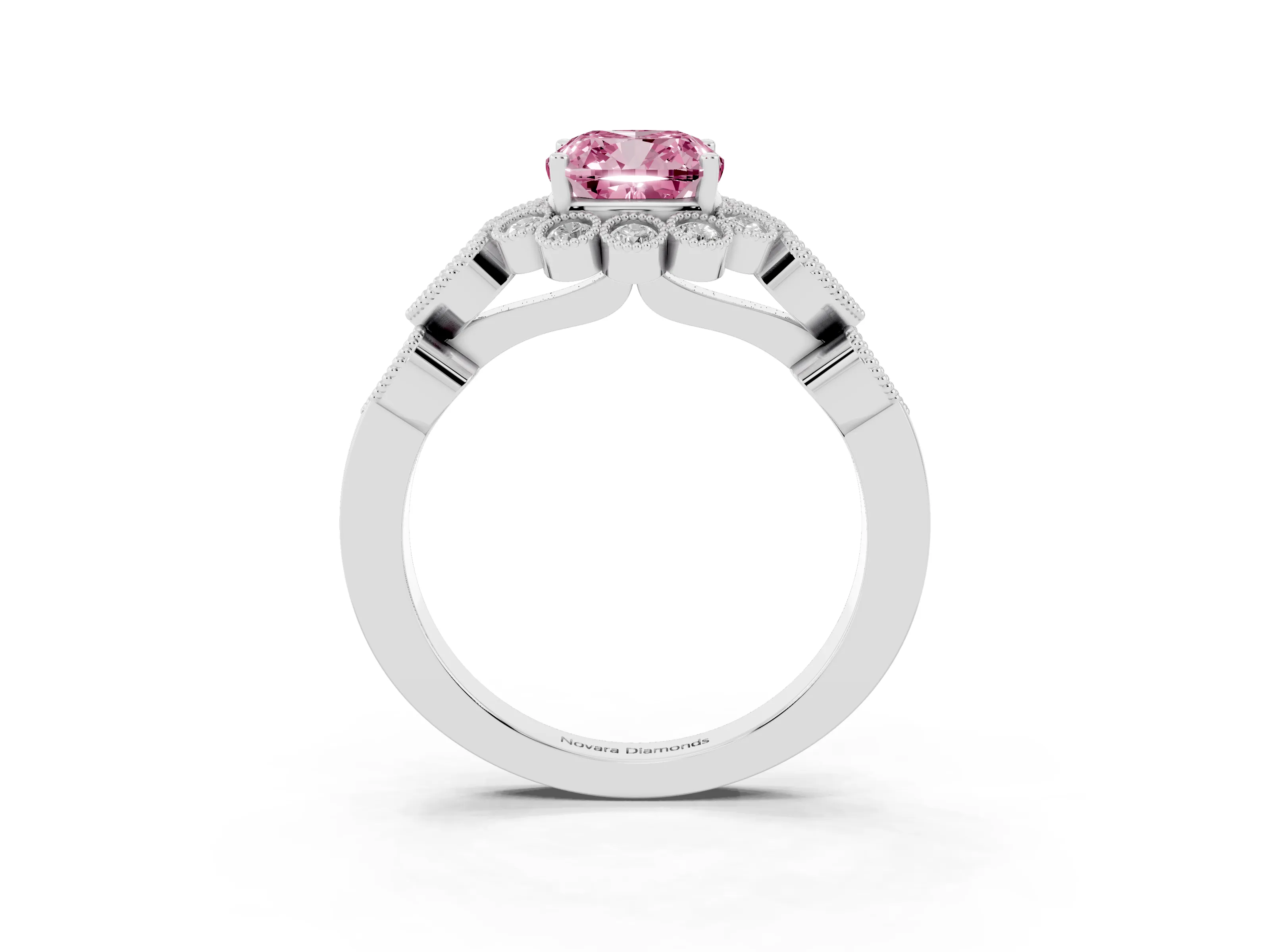 Fancy Pink Cushion Cut Diamond Solitaire Ring Set in Silver with Milgrain Pavé Heart Band