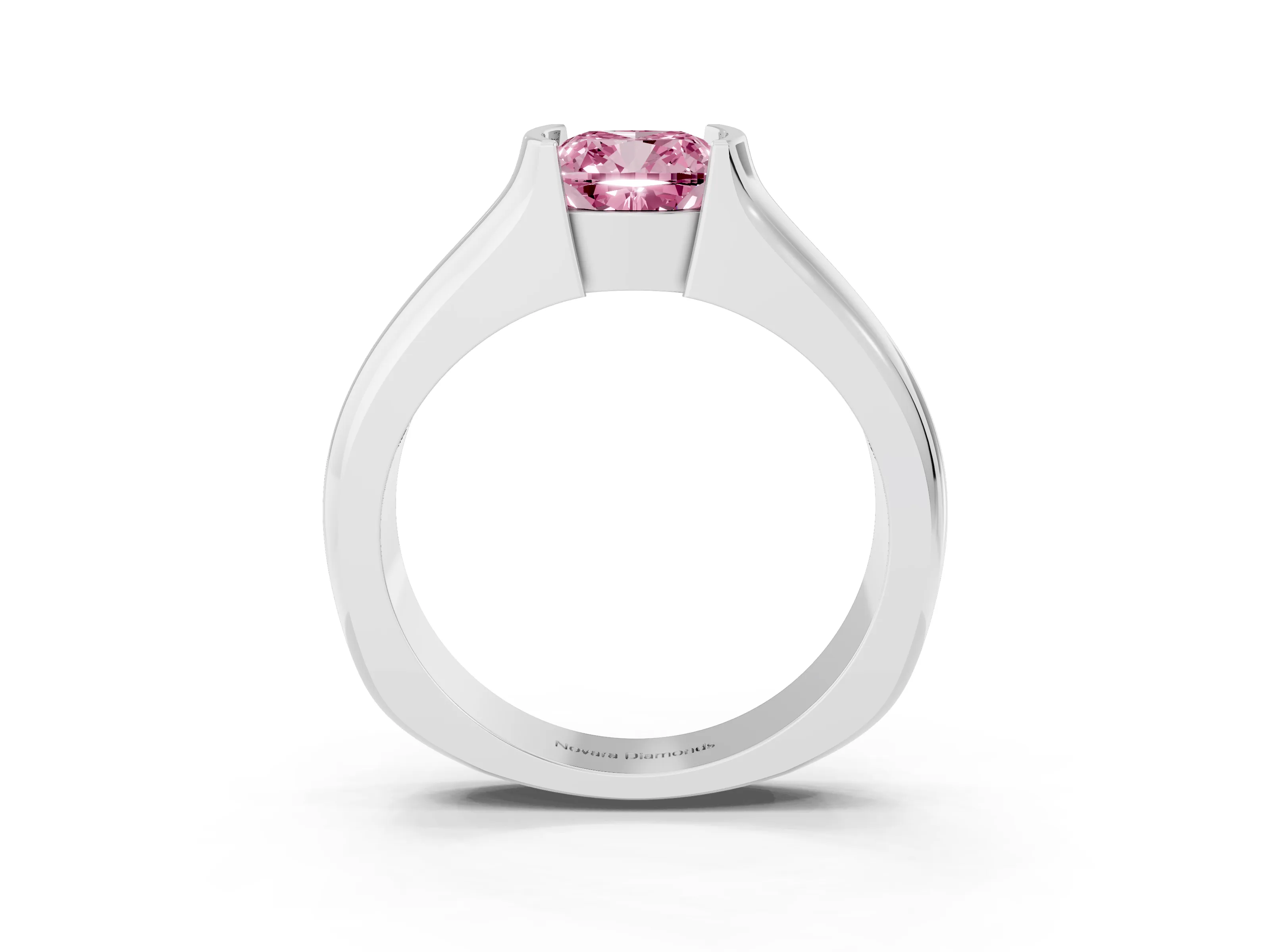 Fancy Pink Cushion Cut Diamond Bezel Solitaire Ring Set in White gold with Wide Band
