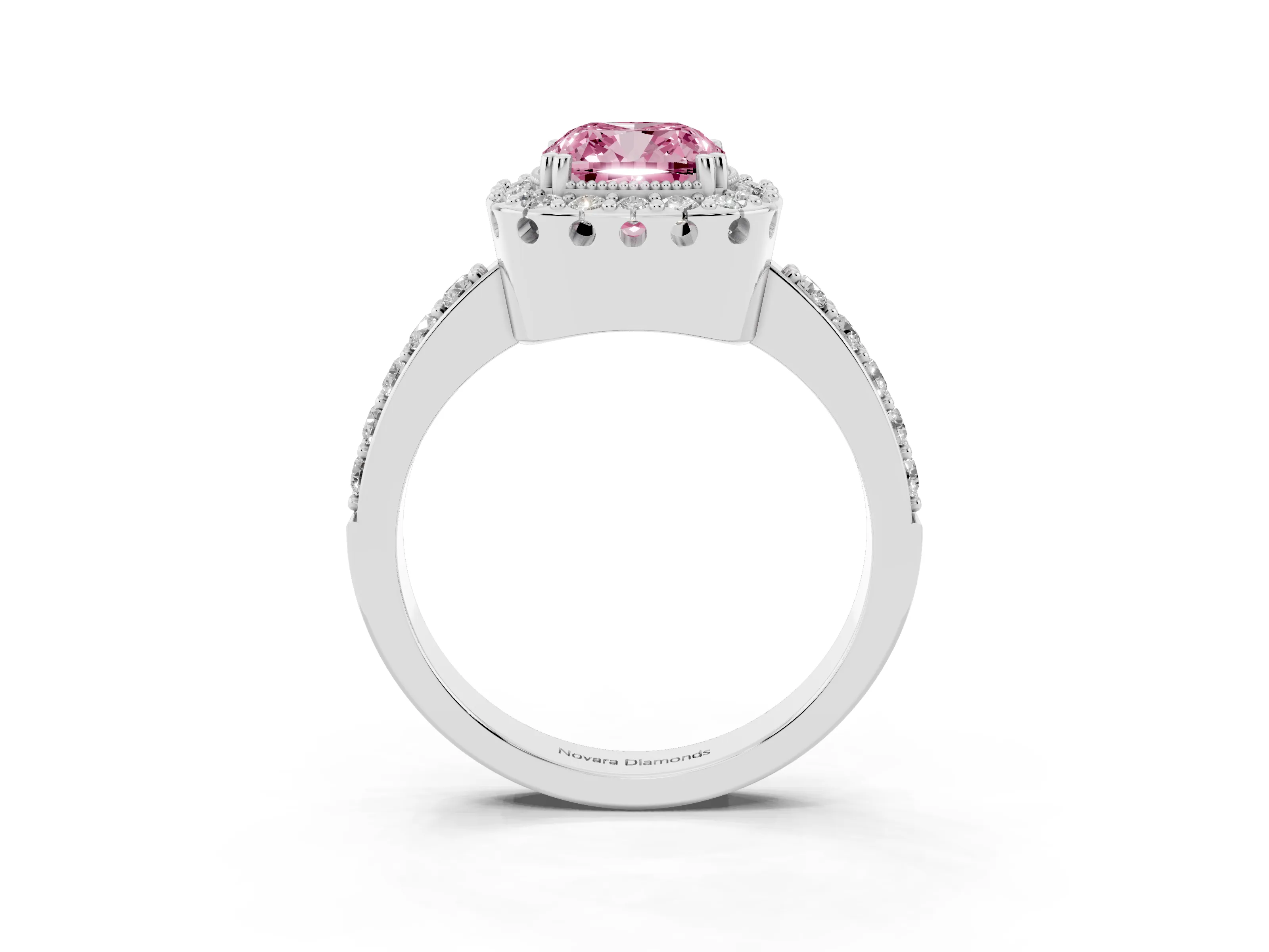 Fancy Pink Cushion Cut Diamond Halo Ring Set in White gold with Pavé Shank and Prong Setting