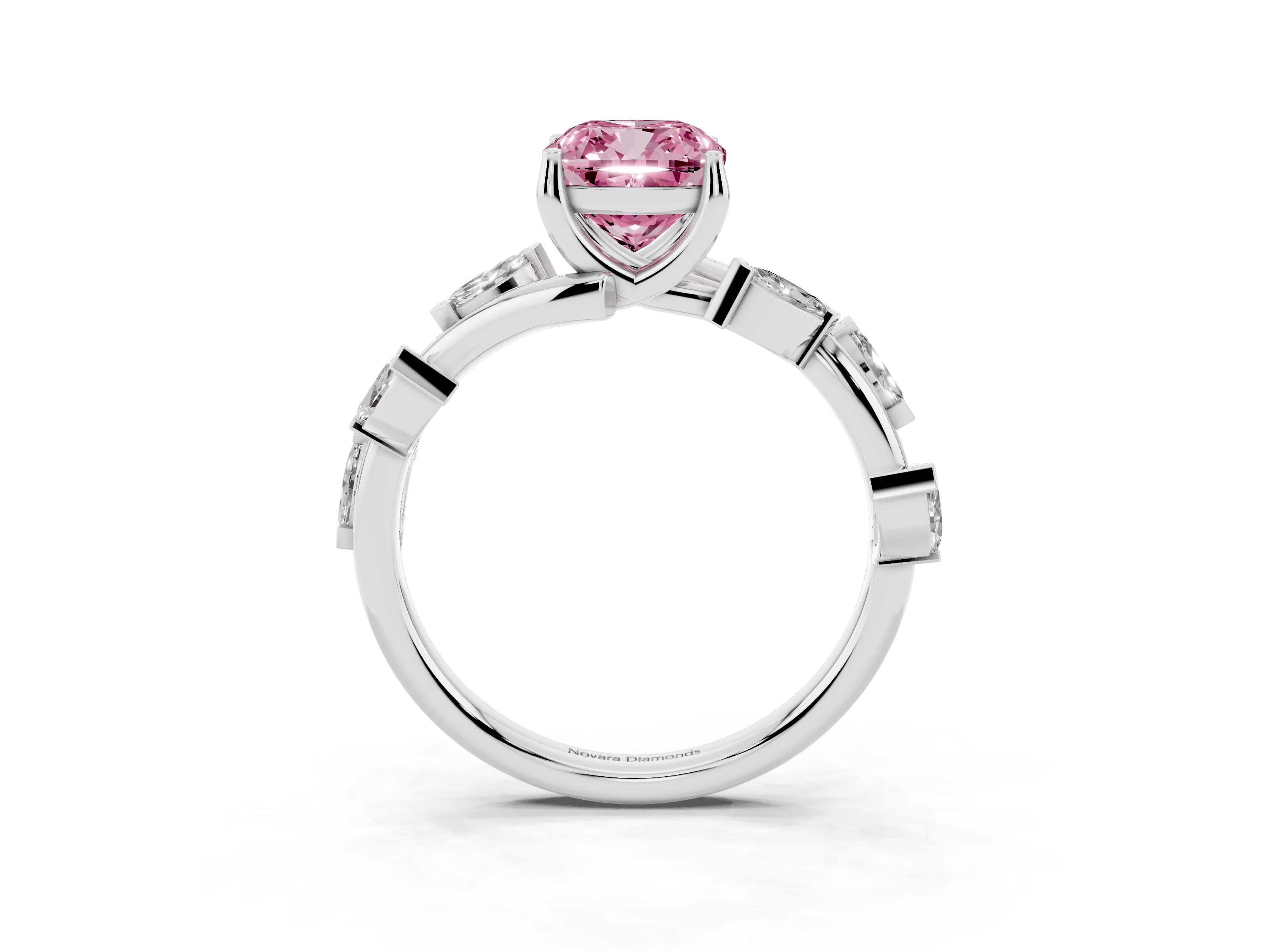Fancy Pink Cushion Cut Diamond Solitaire Ring Set in Platinum with Twisted Marquise Accent Band