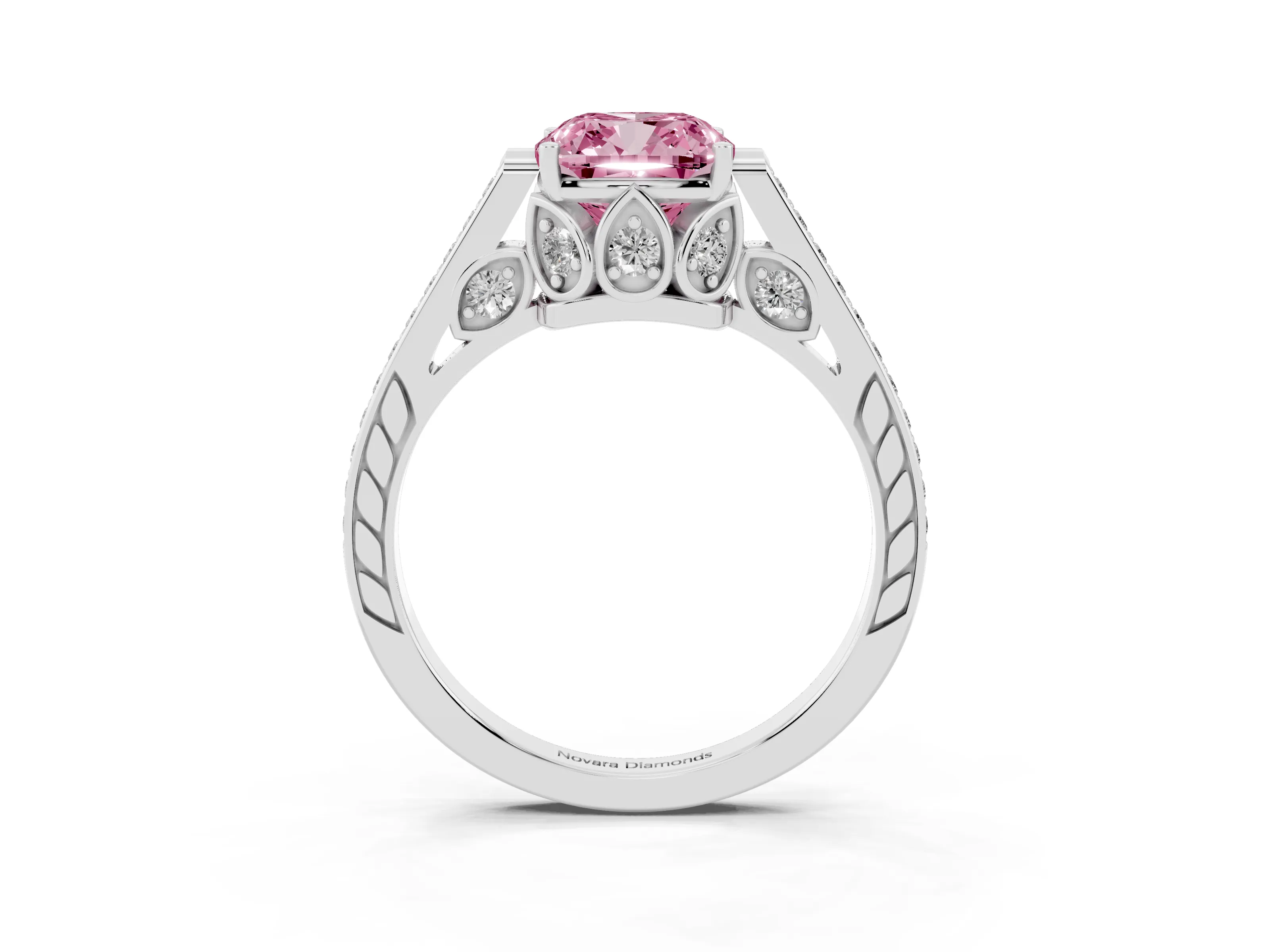 Fancy Pink Cushion Cut Diamond Cathedral Pavé Engagement Ring Set in Platinum with Prong Setting