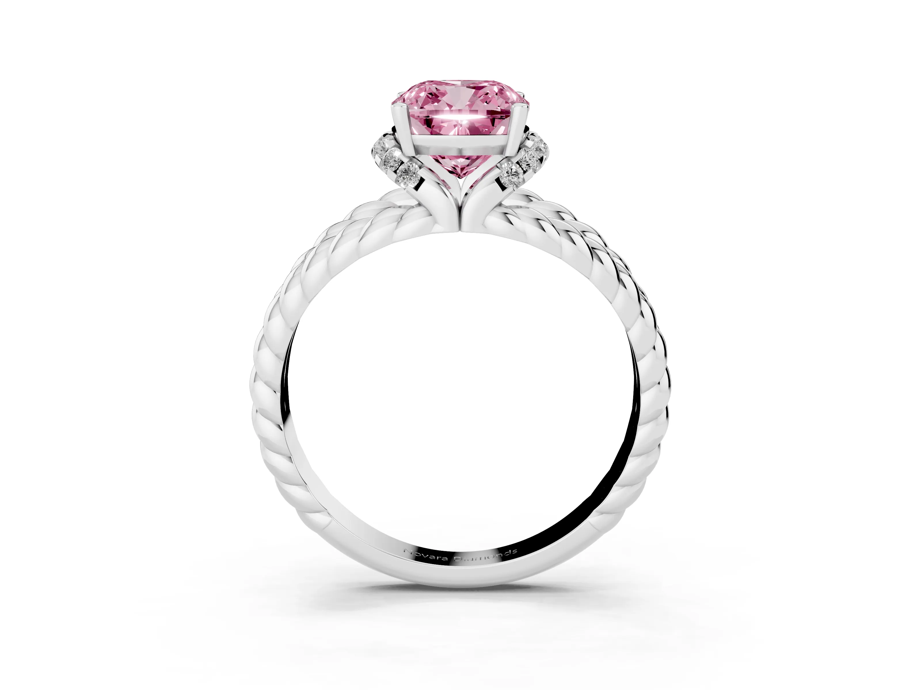 Fancy Pink Cushion Cut Diamond Halo Ring Set in White gold with Twisted Band and Prong Setting