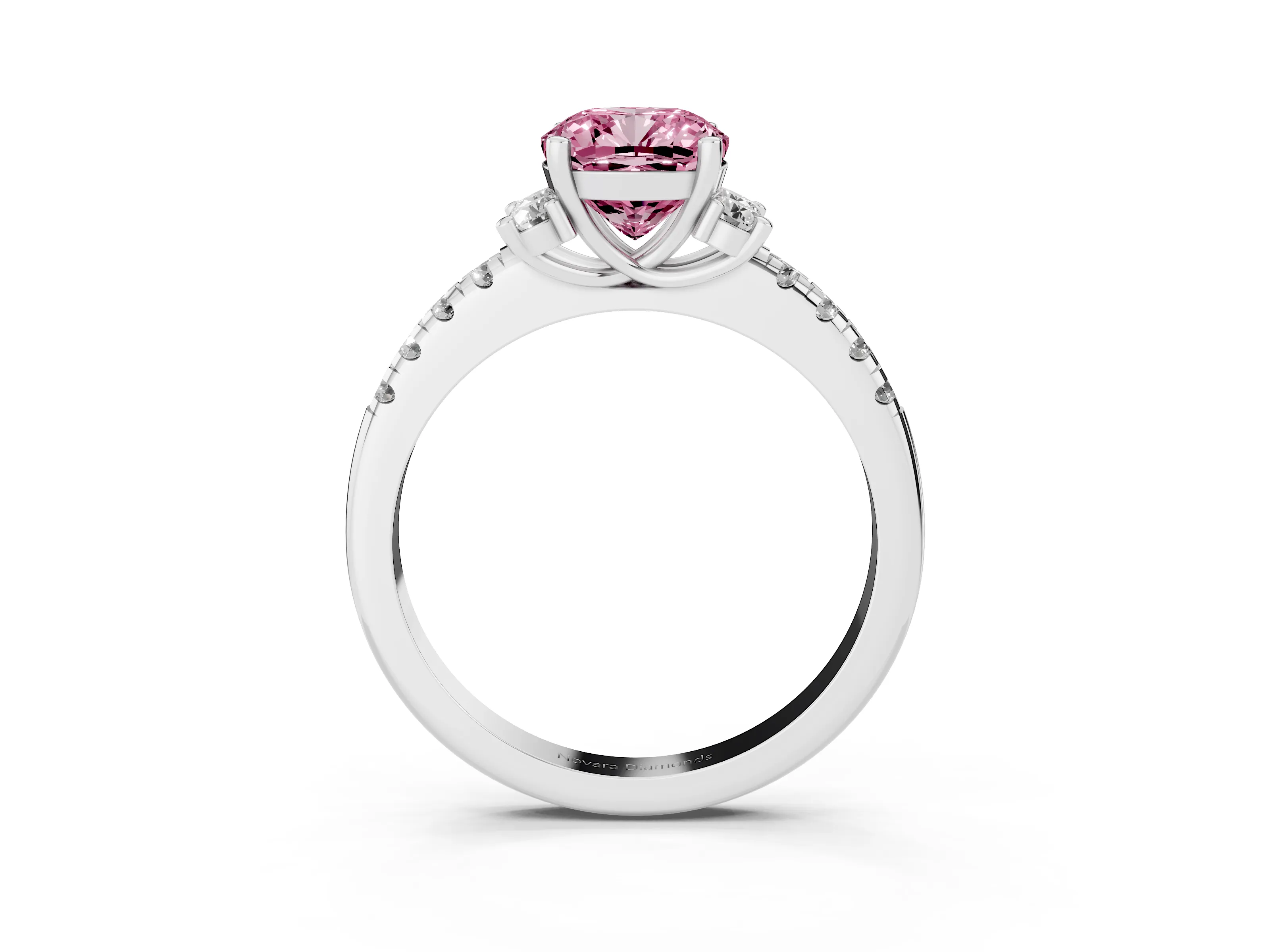 Fancy Pink Cushion Cut Diamond Three-Stone Pavé Ring Set in Silver with Prong Setting