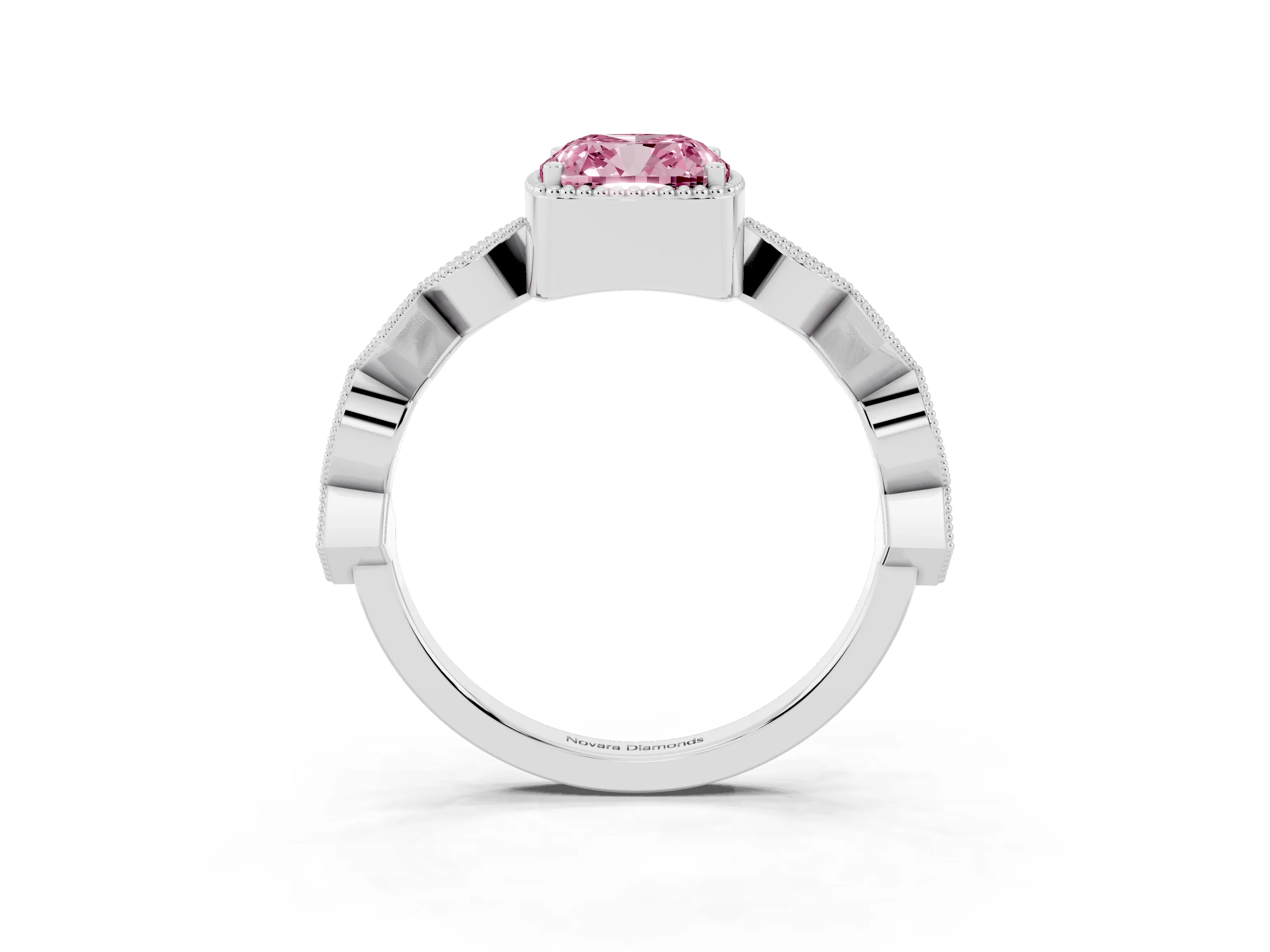 Fancy Pink Cushion Cut Diamond Milgrain Marquise Twist Band Ring Set in White gold with Prong Setting